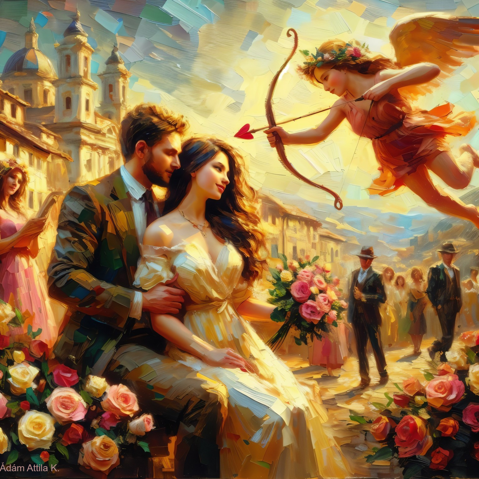 Romantic couple in a vibrant town square scene