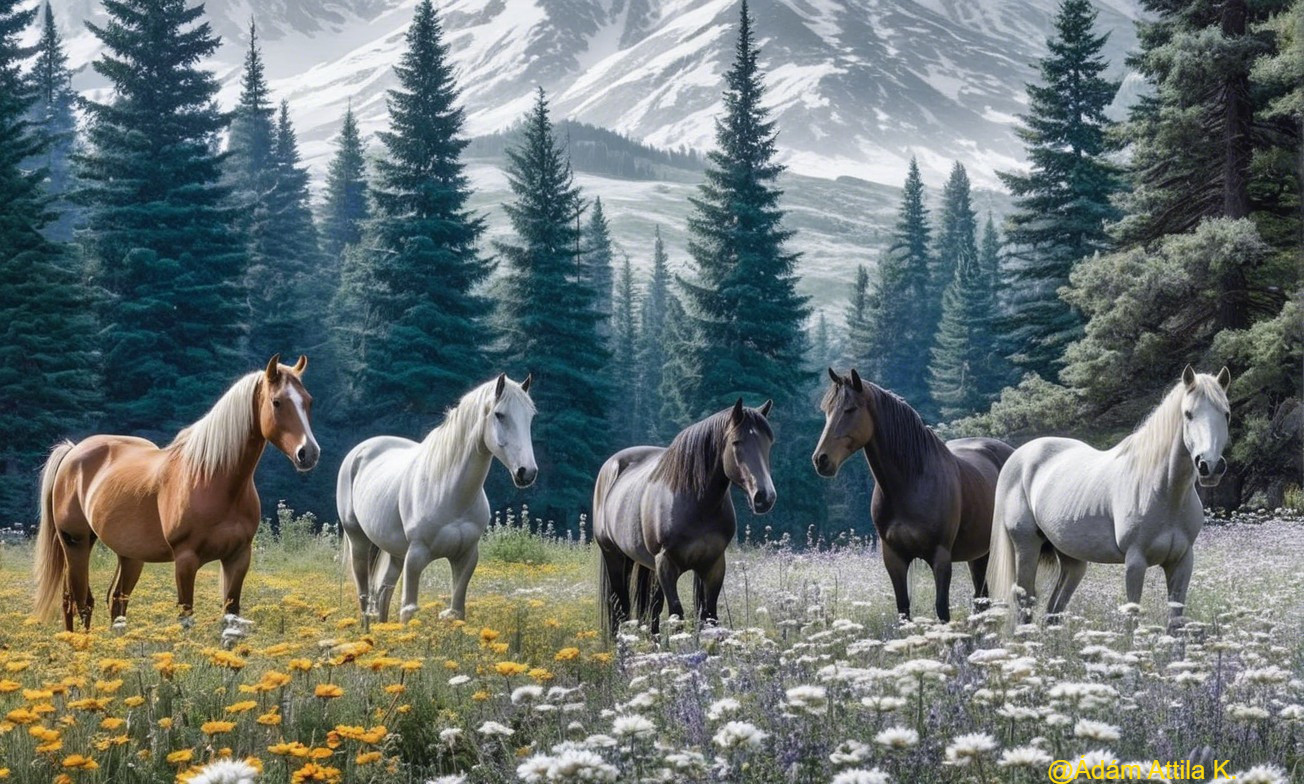 Horses in a Colorful Meadow with Snow-Capped Mountains