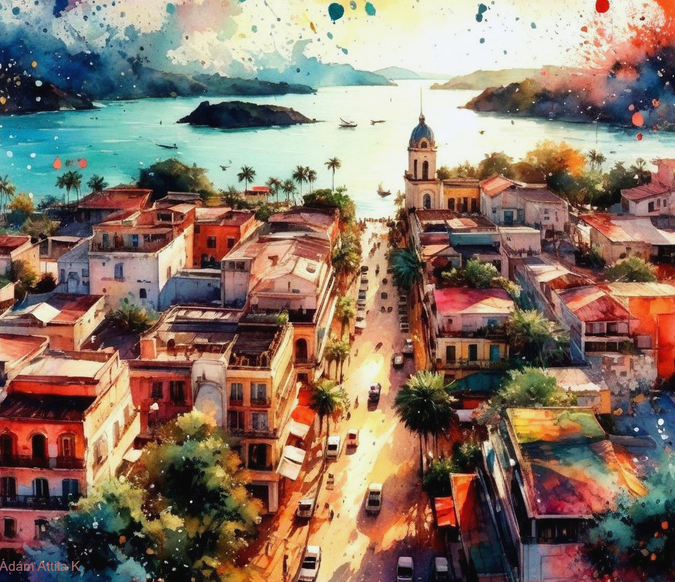 Vibrant Watercolor of a Coastal Town in Sunlight