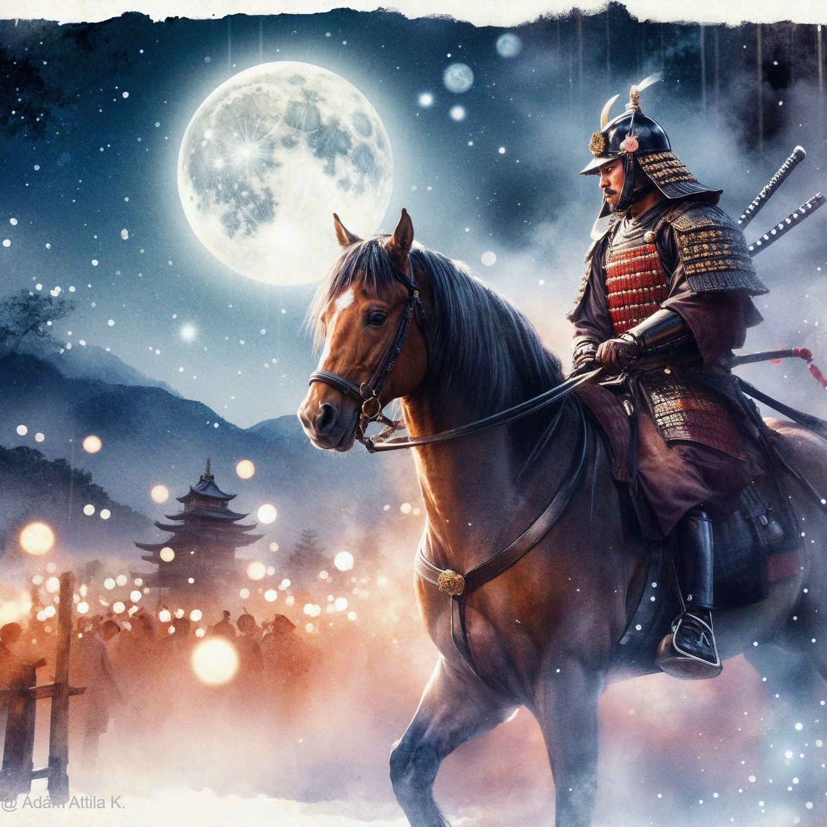 Samurai Warrior on Horse Under Full Moonlight