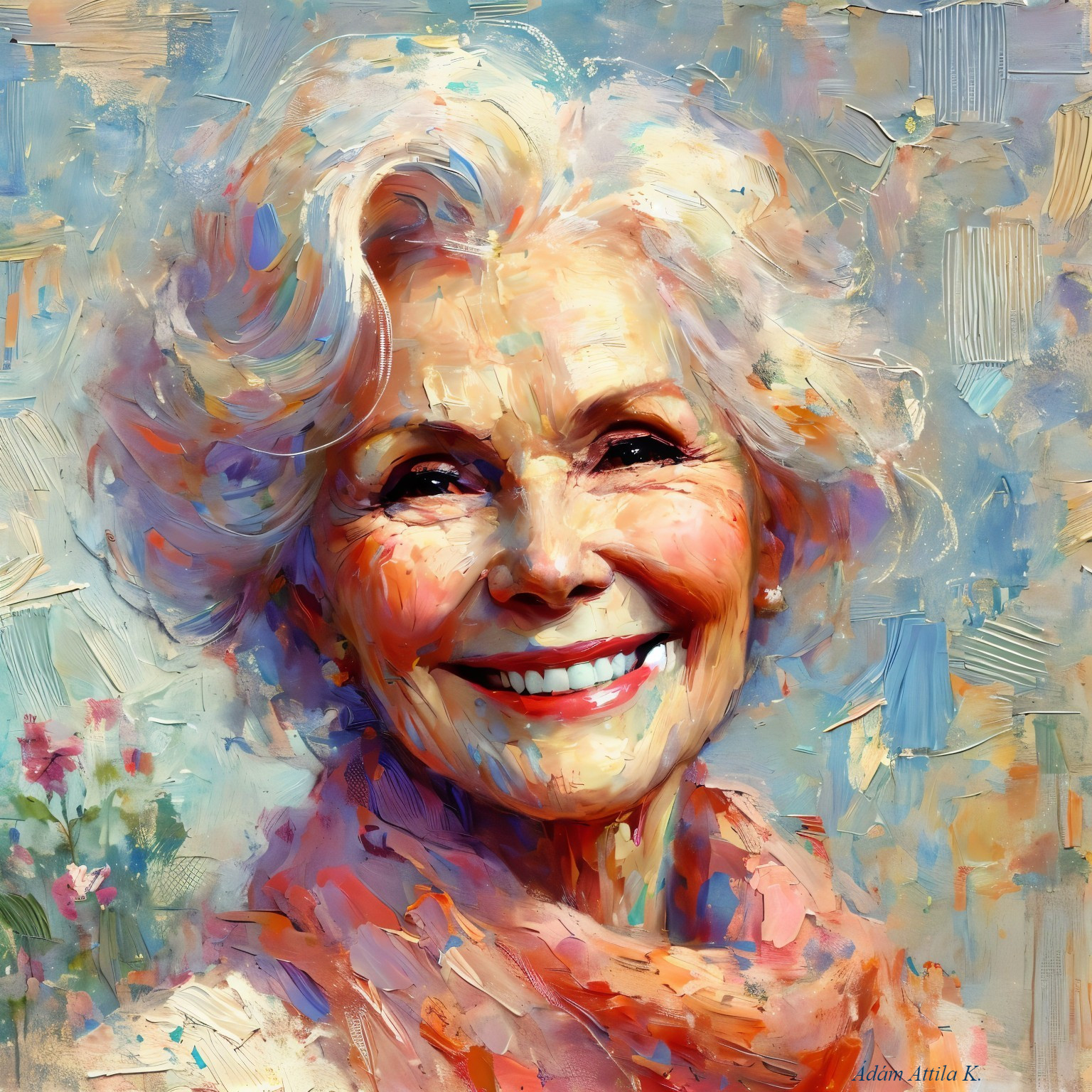 Joyful elderly woman with silver hair and scarf