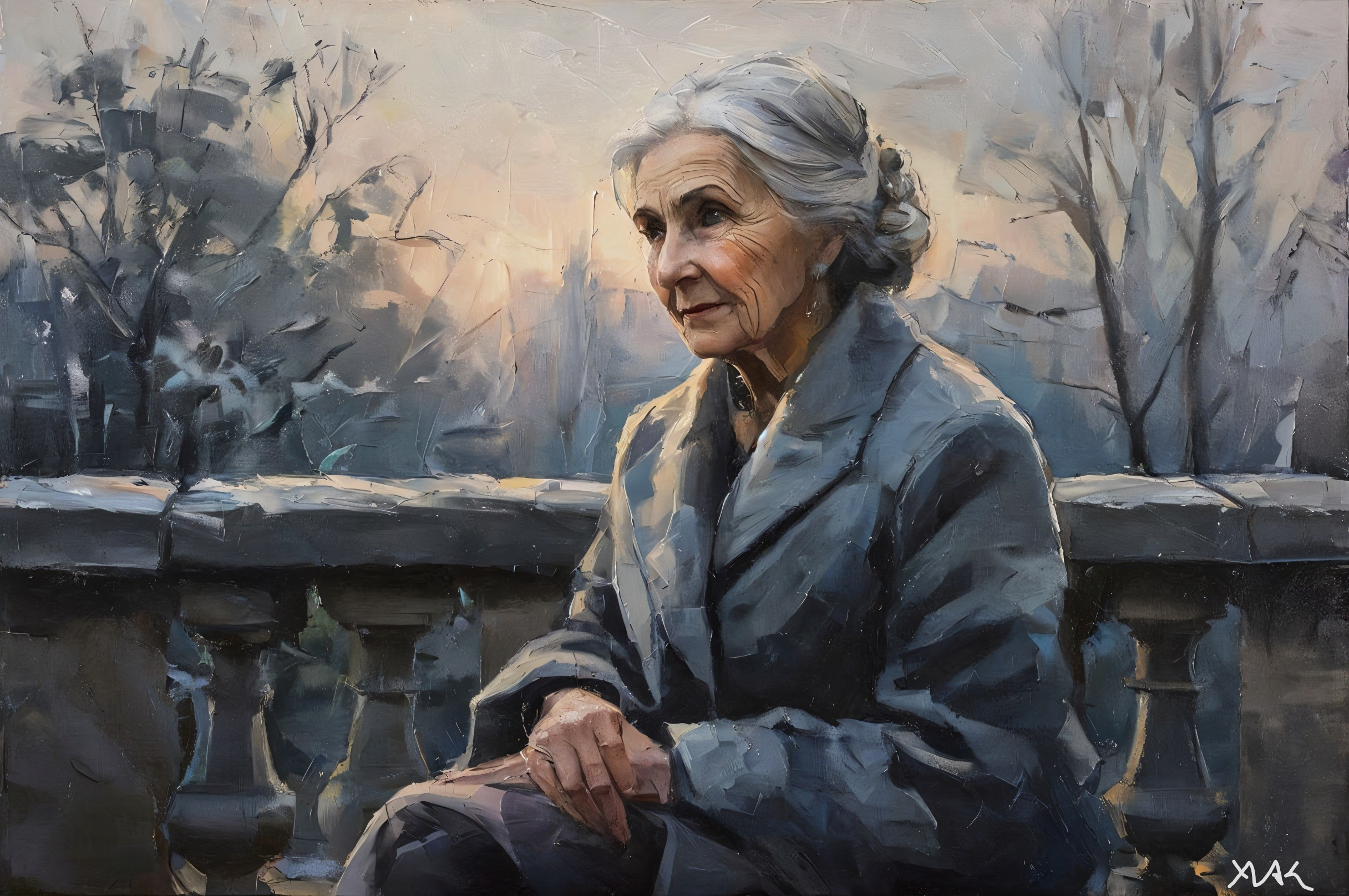 Elderly Woman on Balcony in Winter Landscape