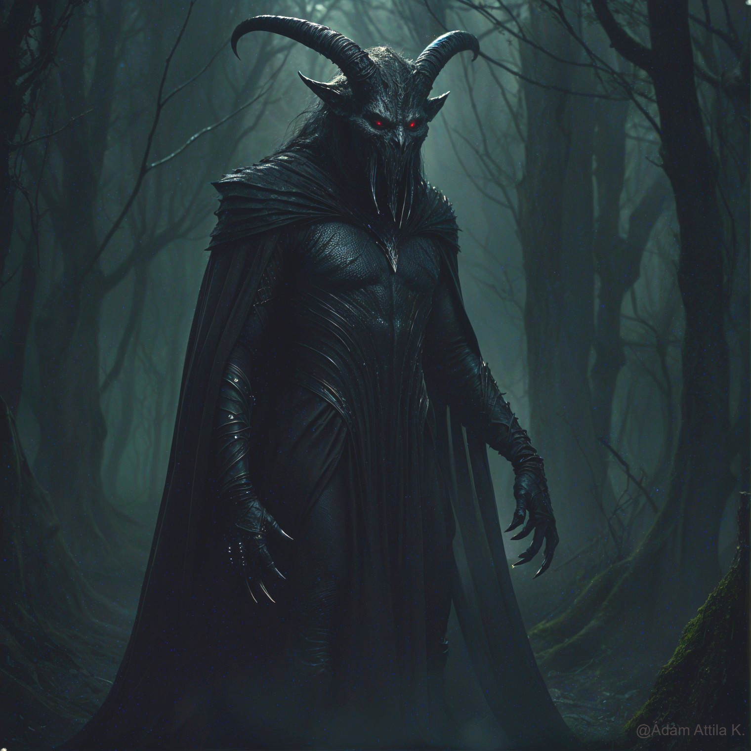 Menacing figure in a shadowy forest with glowing eyes