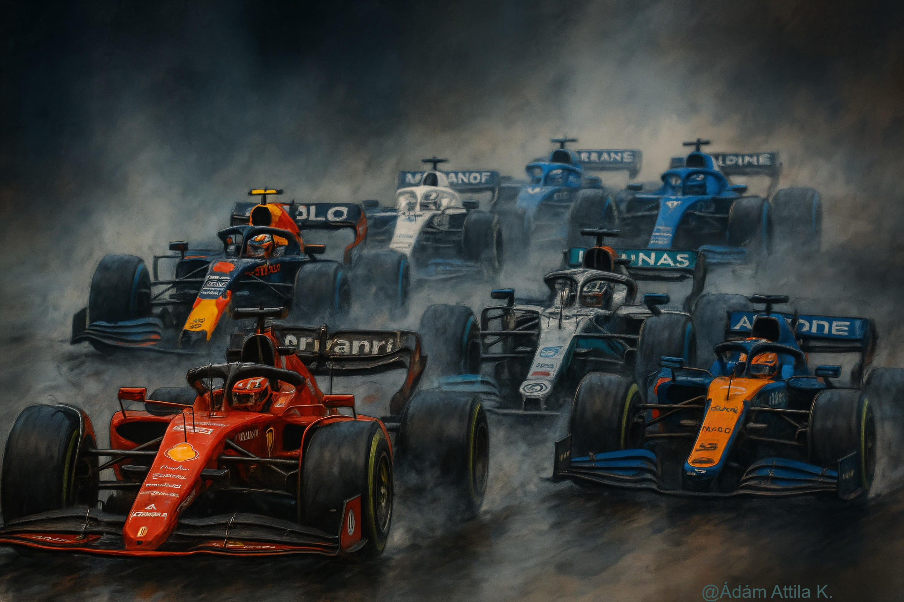 Formula 1 Cars Racing on a Misty Track