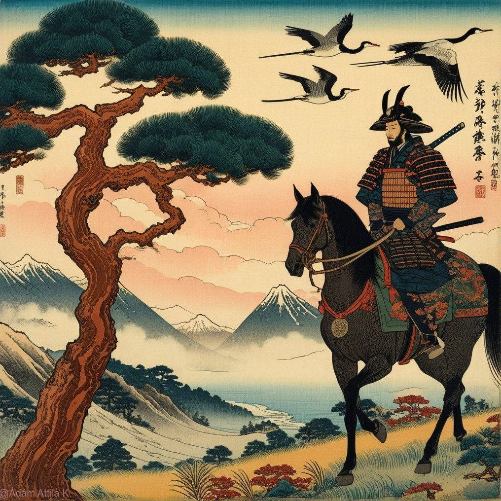 Samurai on Horseback in Serene Japanese Landscape