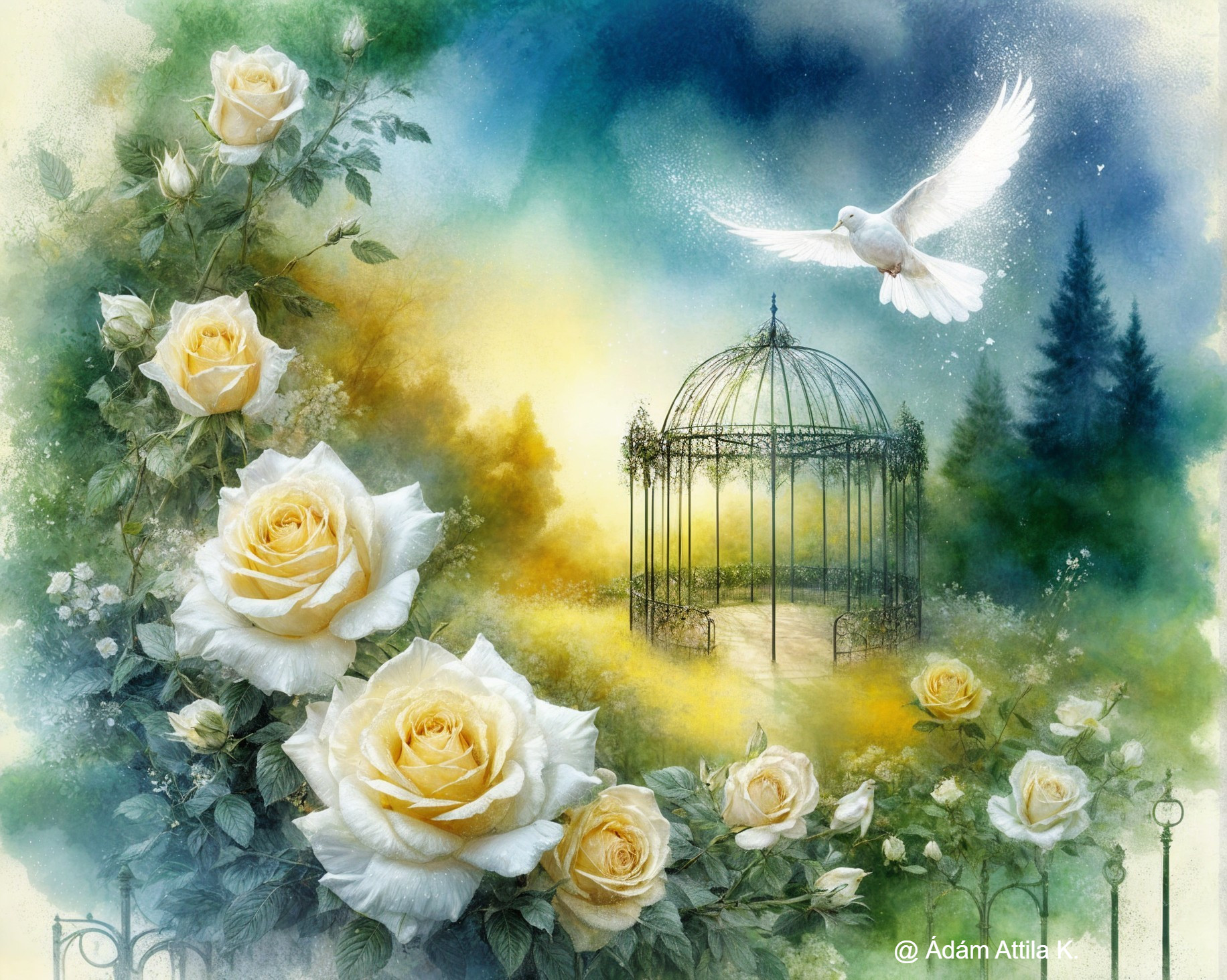 Serene garden scene with white roses and gazebo