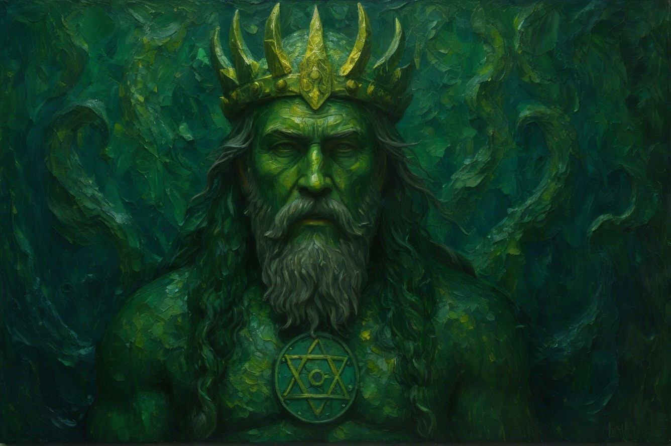 Majestic Green-Skinned Sea God with Golden Crown