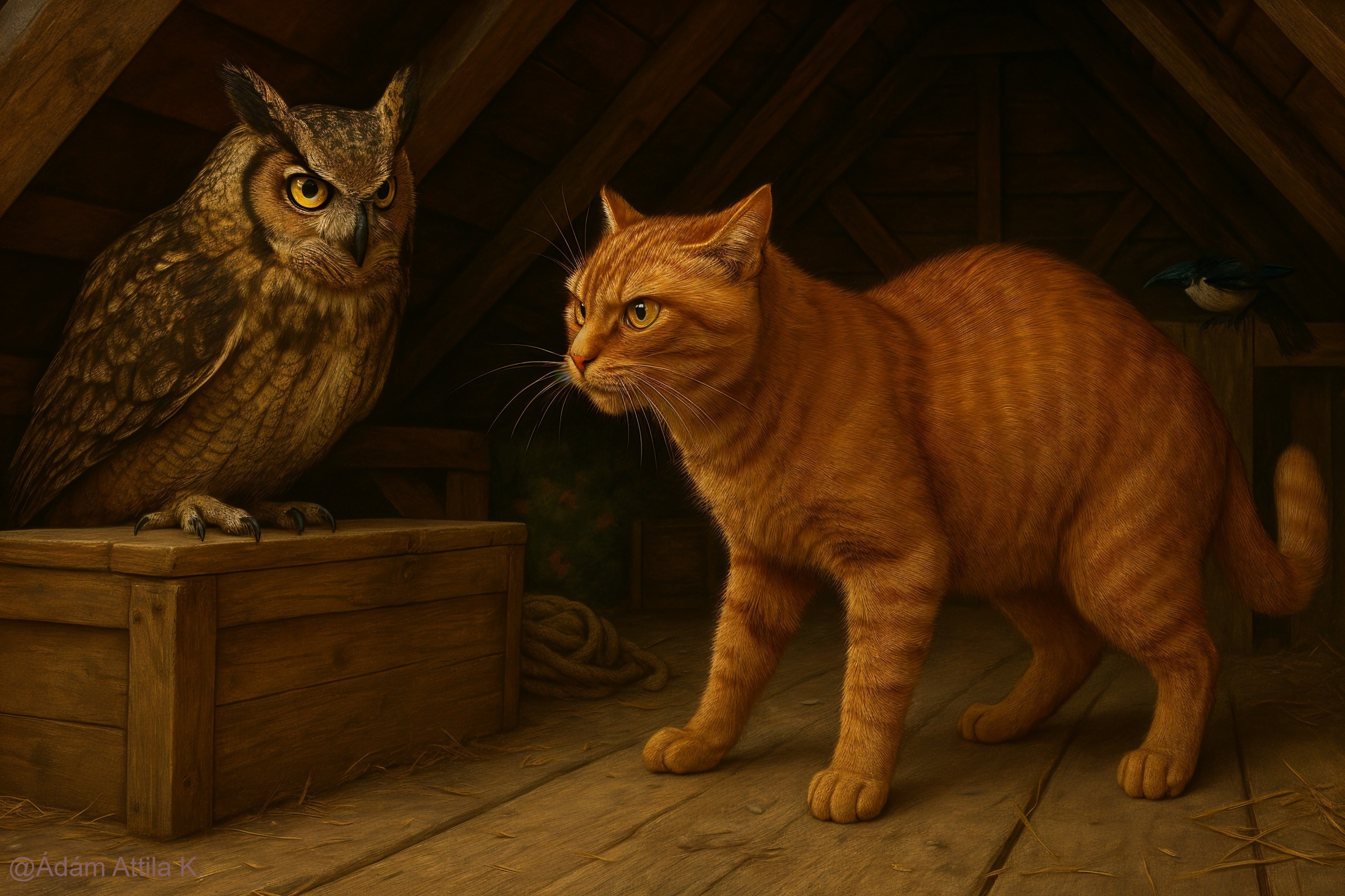 Rustic Attic Scene with Tabby Cat and Owl