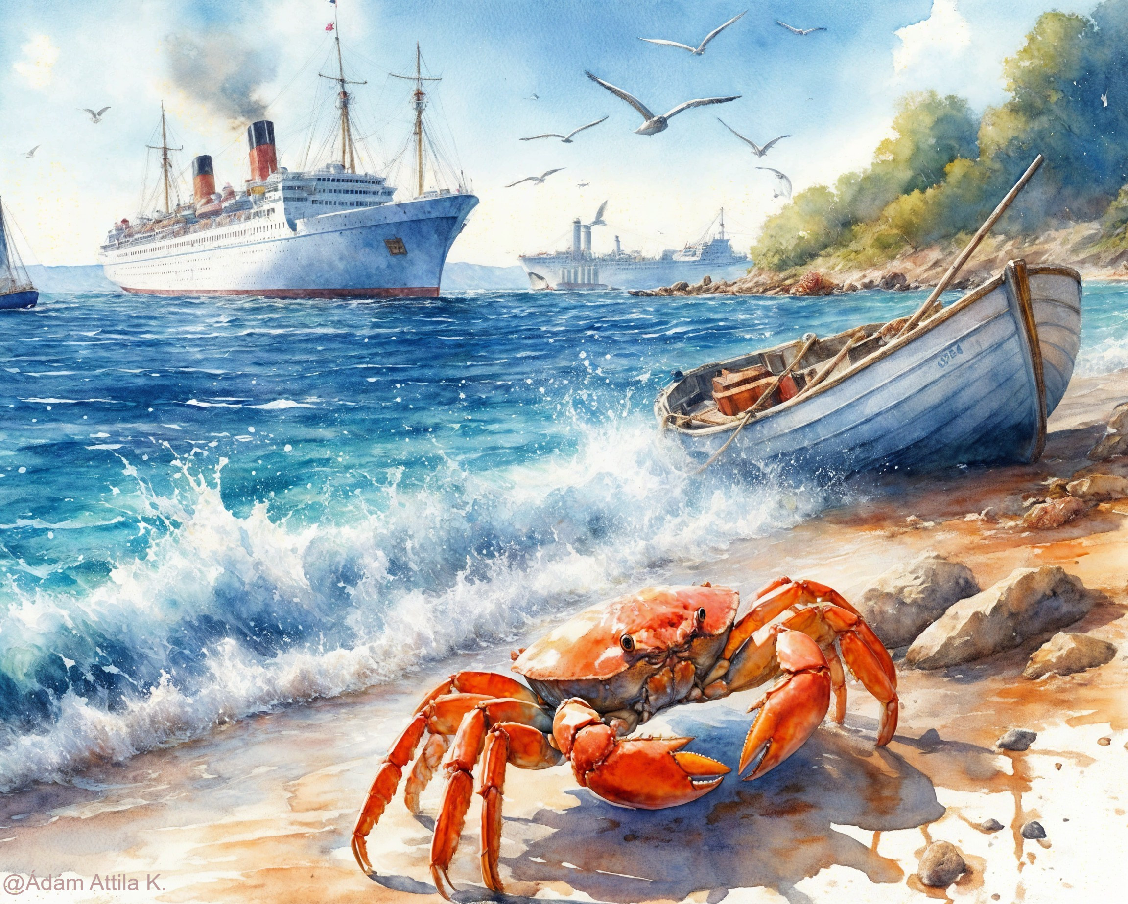 Vibrant Watercolor Shore Scene with Crab and Ship