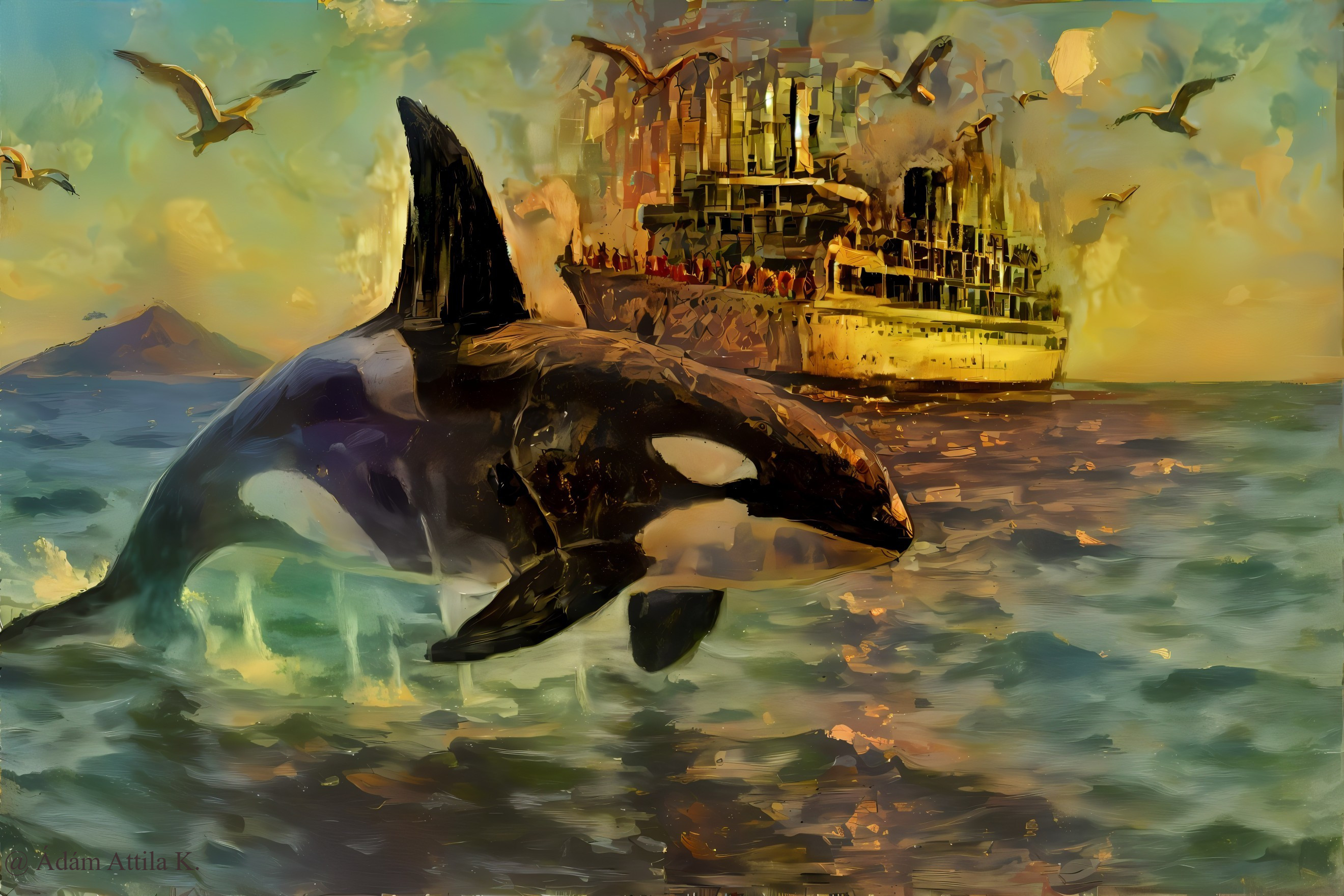 Orca Leaping with Vintage Steamboat in Vibrant Scene