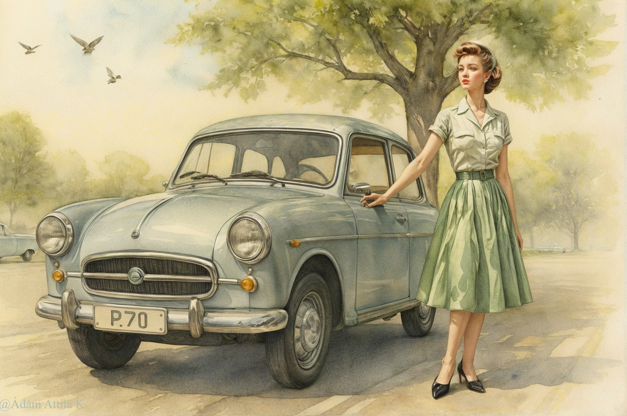 1950s Vintage Scene with Woman and Classic Blue Car