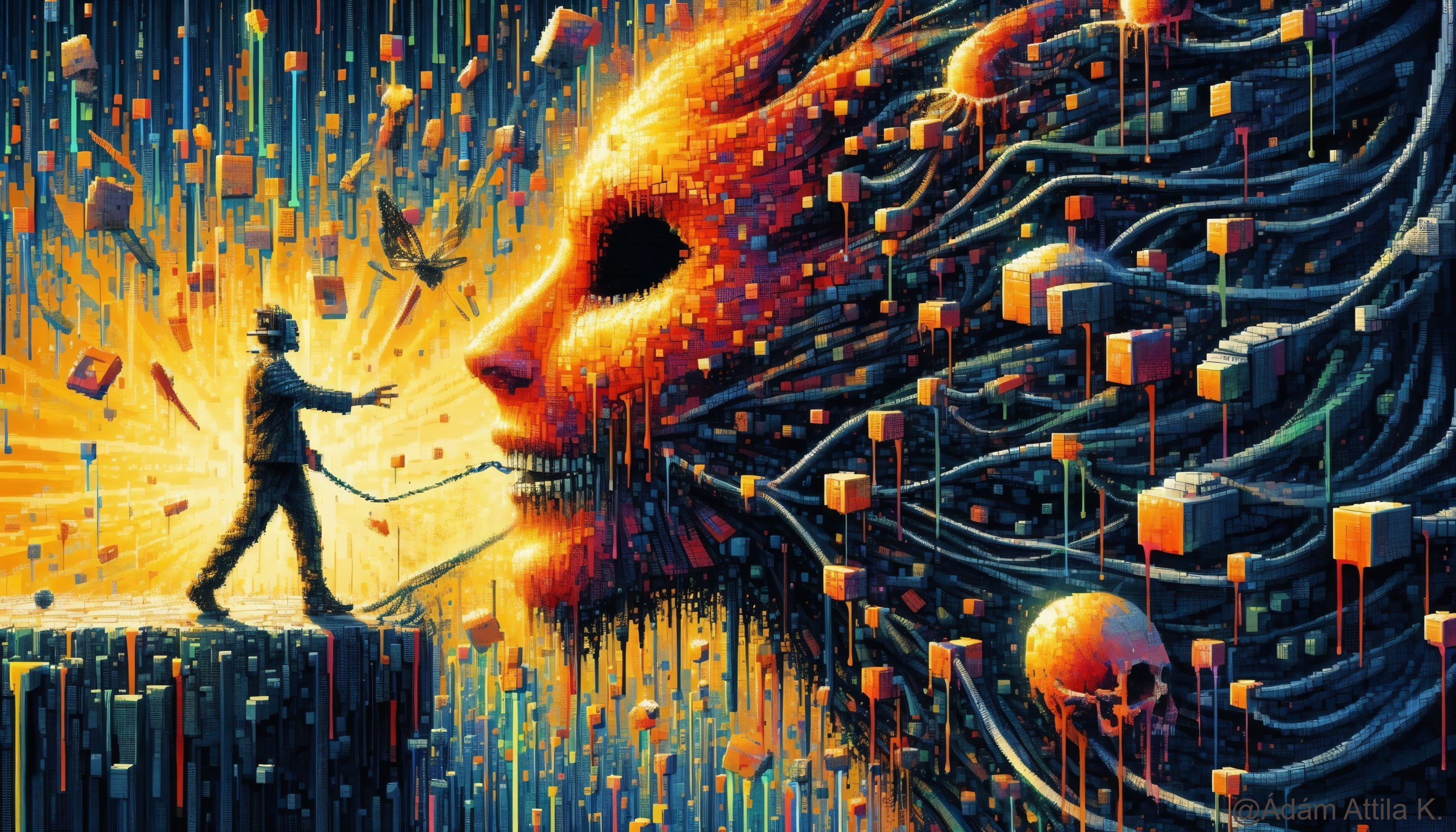 Surreal Landscape with Fiery Pixelated Face