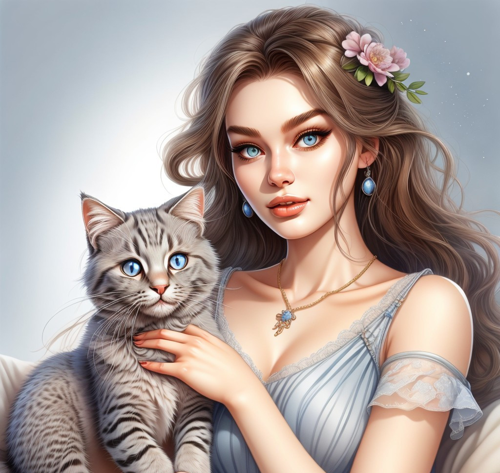 Young woman with cat in soft, serene lighting
