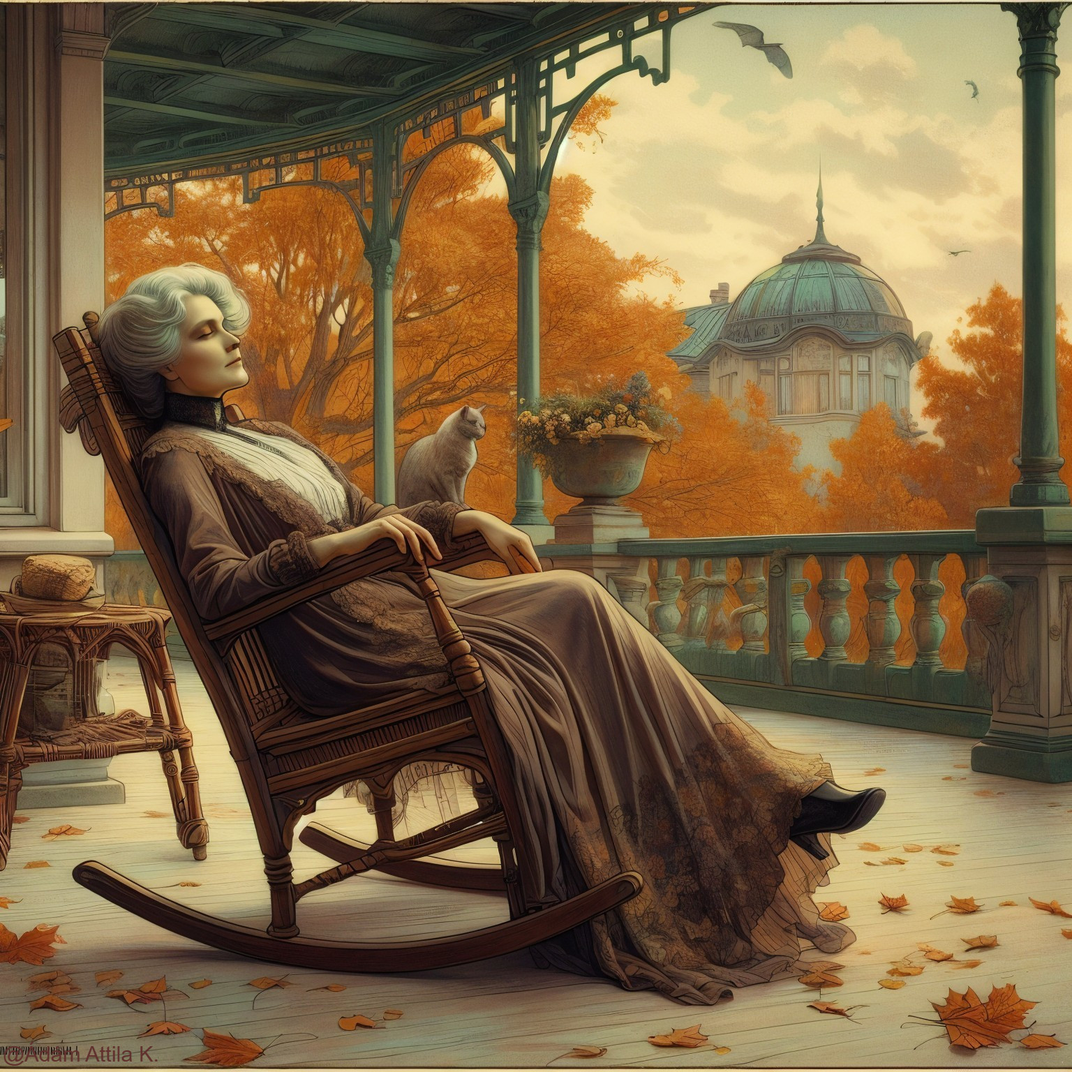 Vintage Woman Relaxing on Porch with Autumn Scenery