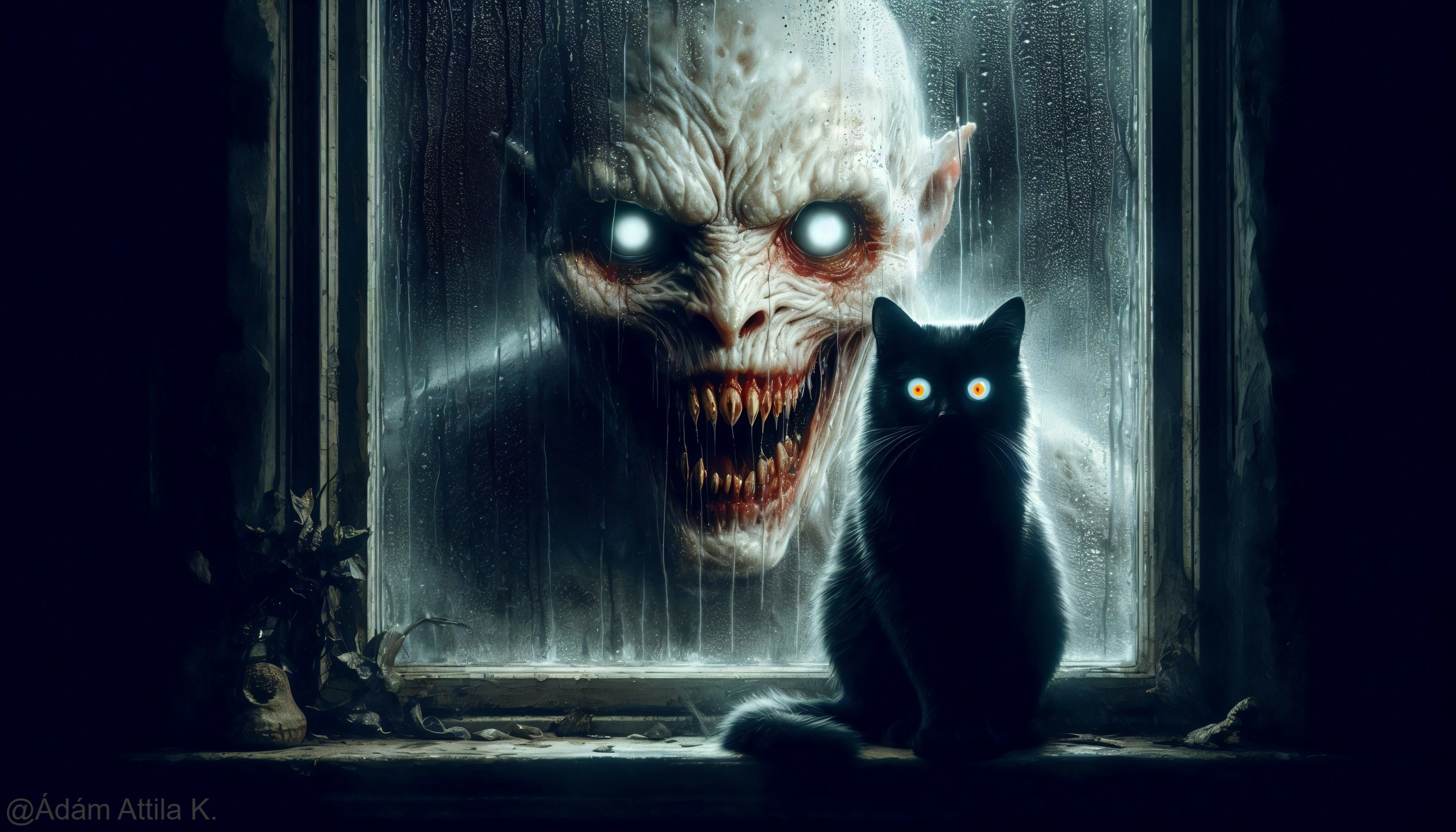 Eerie Scene with Shadowy Creature and Black Cat