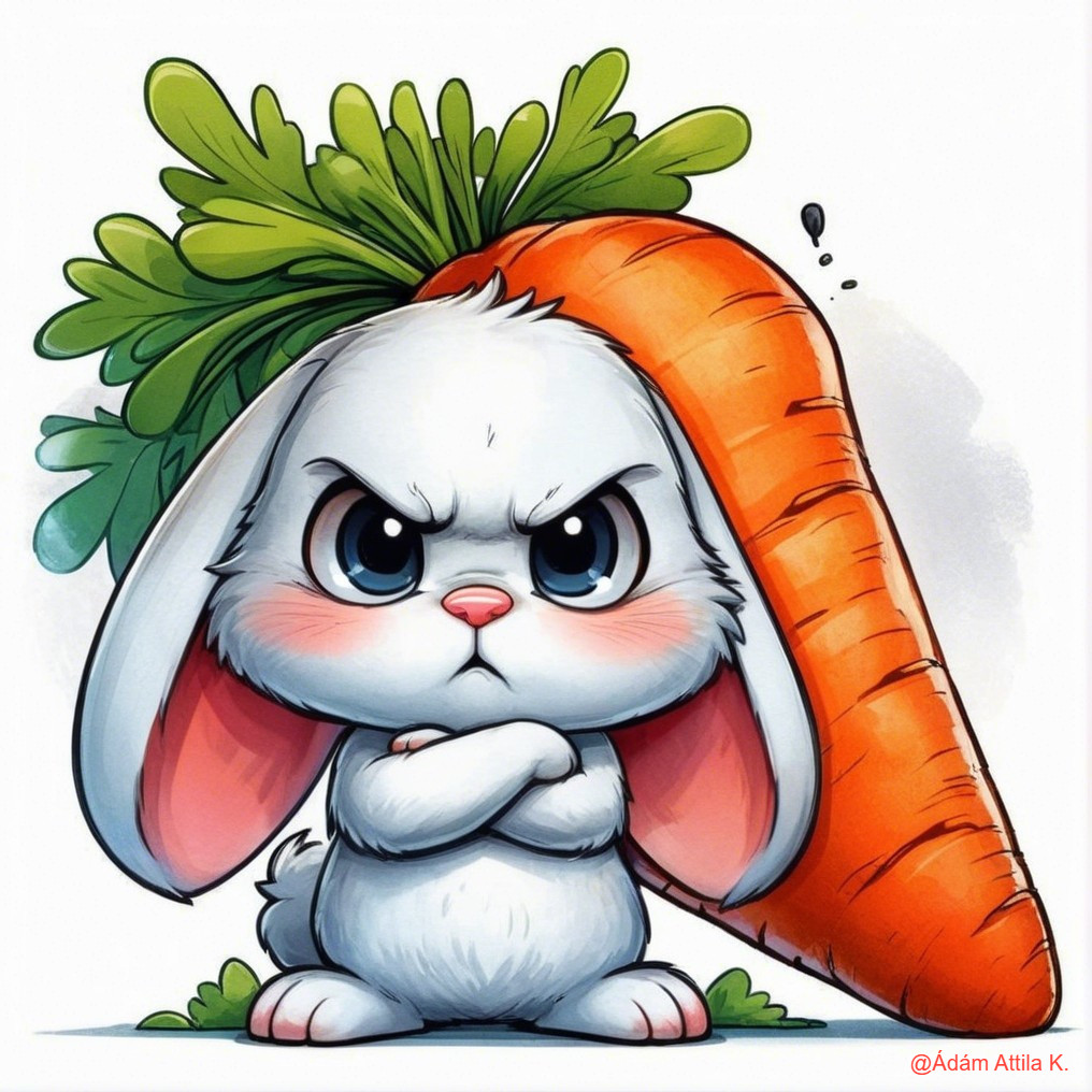 Cartoon Rabbit with Large Eyes and Orange Carrot