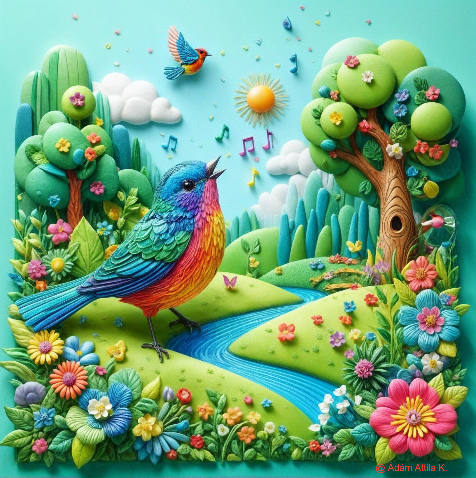 Vibrant Scene of Birds and Colorful Nature by River