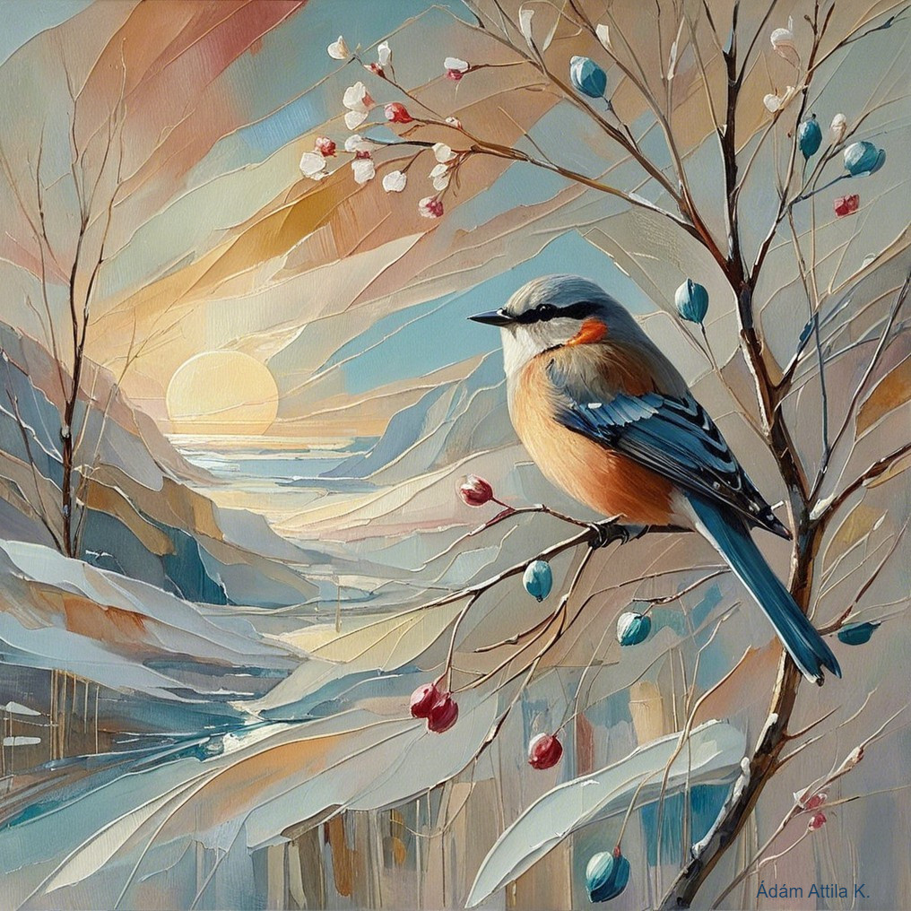 Winter Landscape with Bird and Sunset Colors