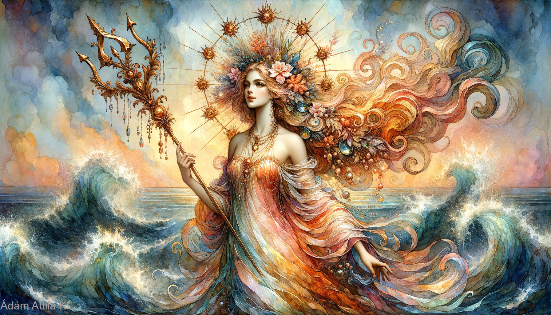 Ethereal Figure in Colorful Waves and Dreamlike Setting
