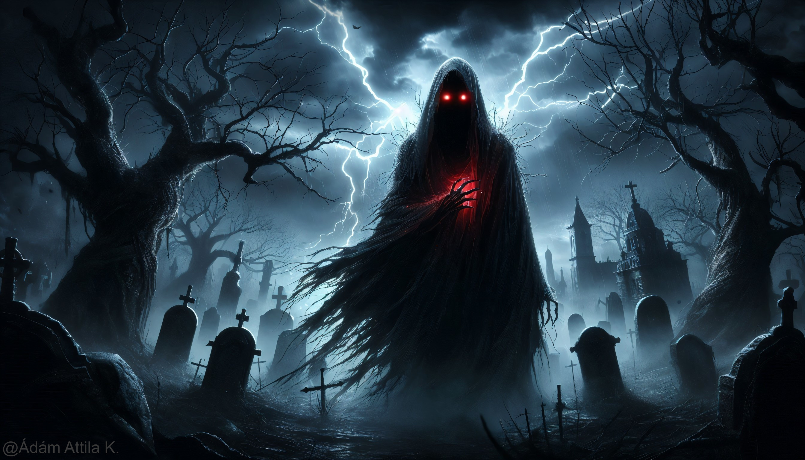 Eerie Graveyard Scene with Ghostly Figure and Stormy Sky