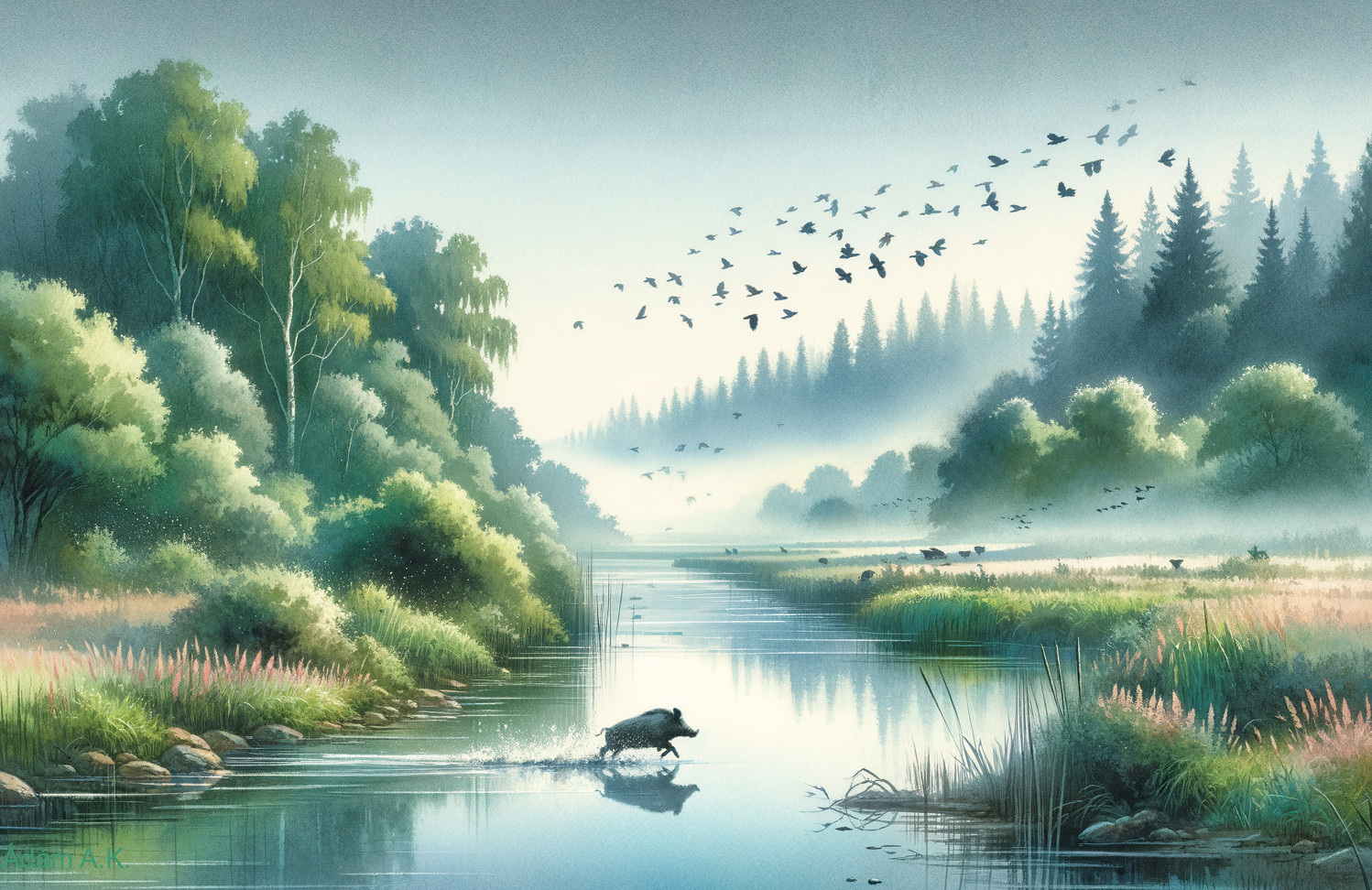 Serene River Landscape with Lush Greenery and Fog