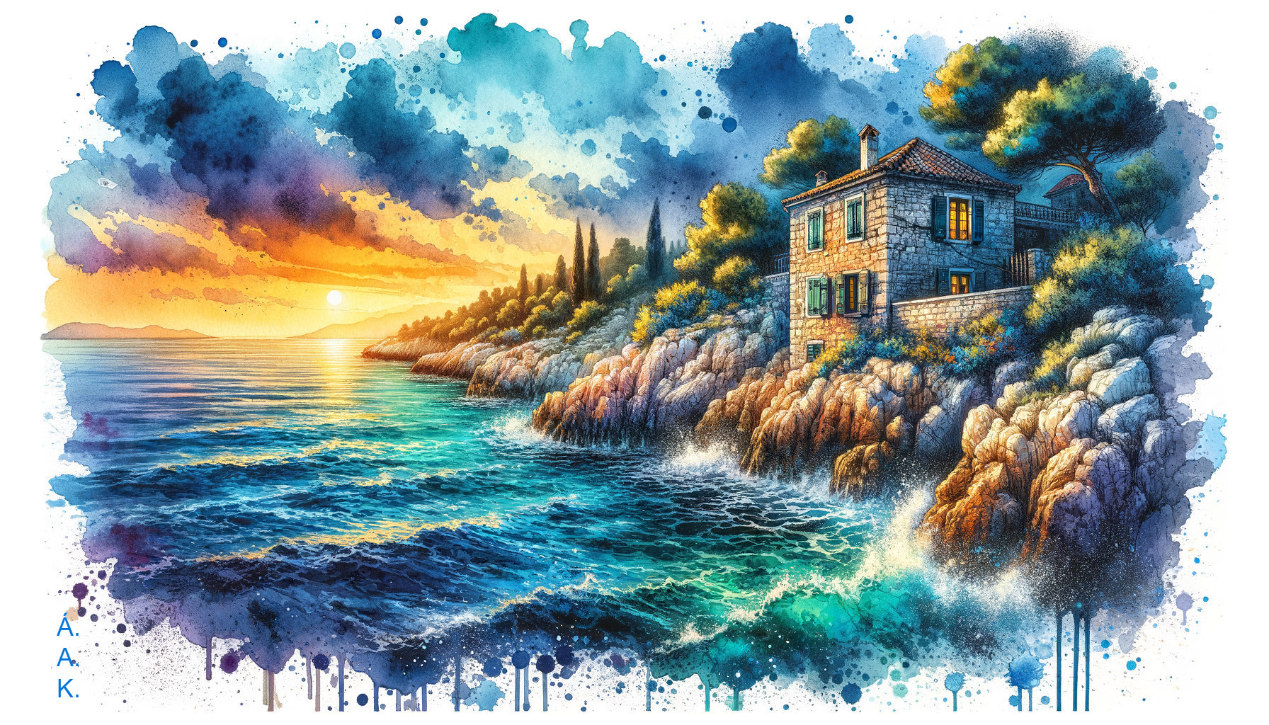 Coastal Sunset with Stone House and Vibrant Sky