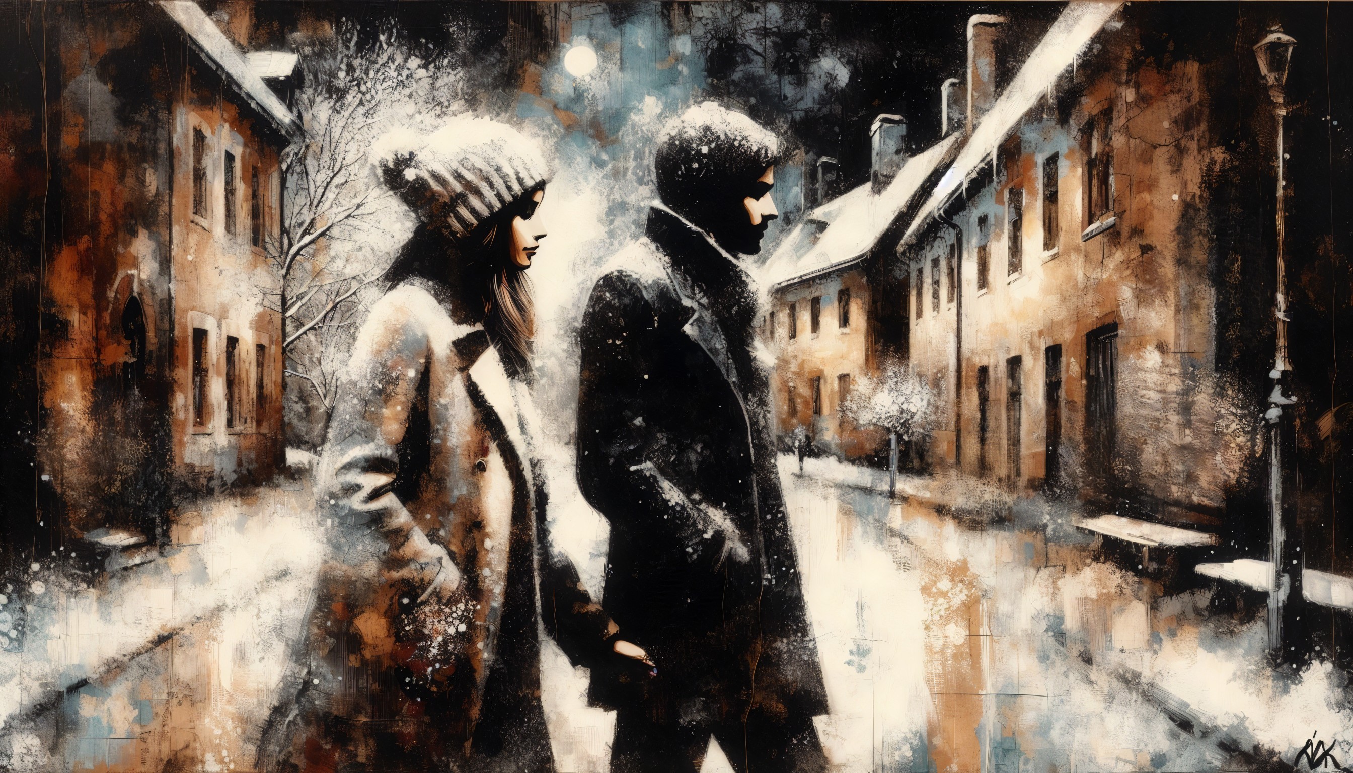 Winter Street Scene with Couple in Oil Painting
