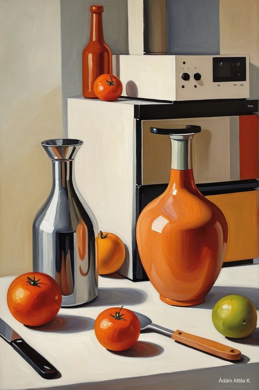 Vibrant Still Life with Silver Vase and Oranges