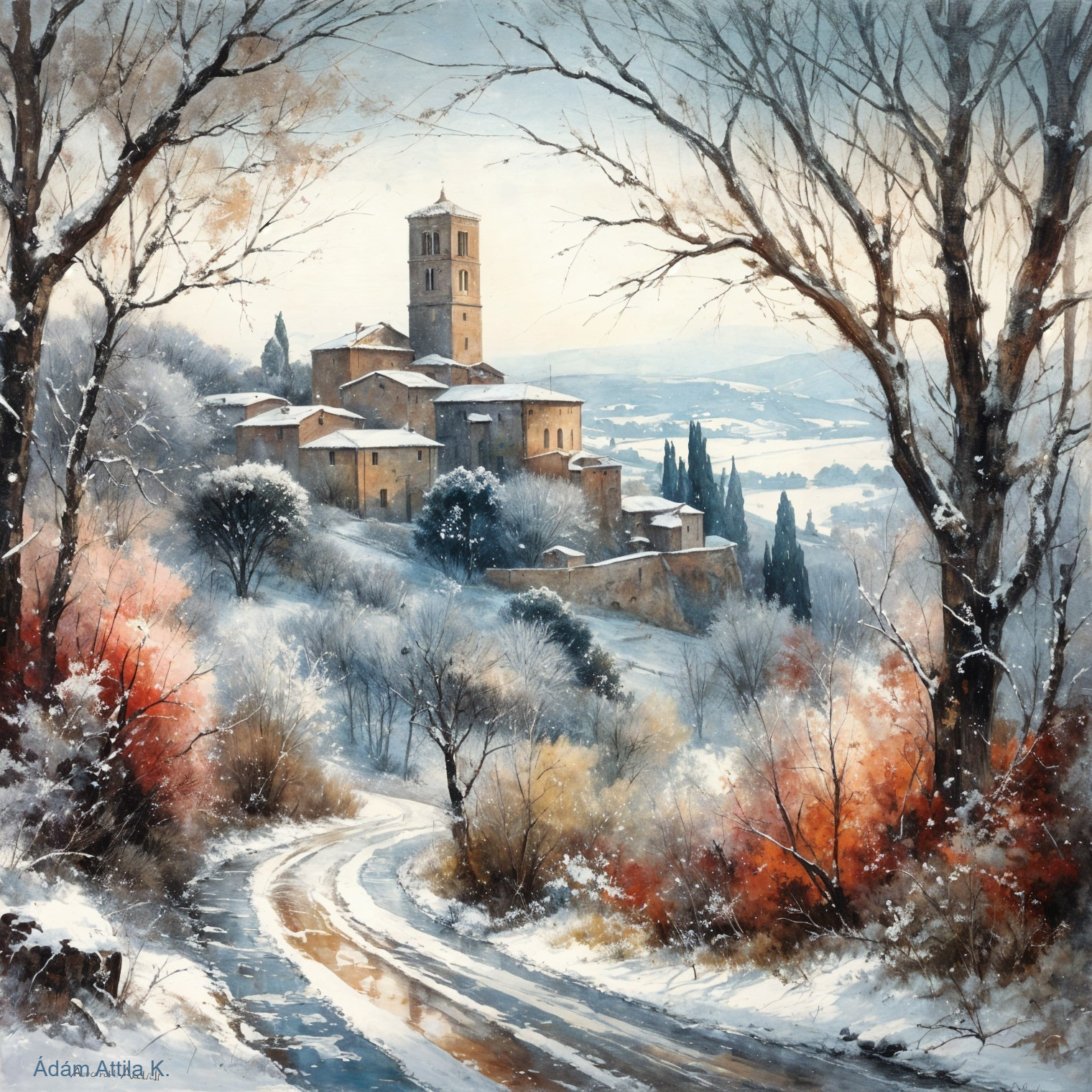 Quaint village in serene winter landscape with snow