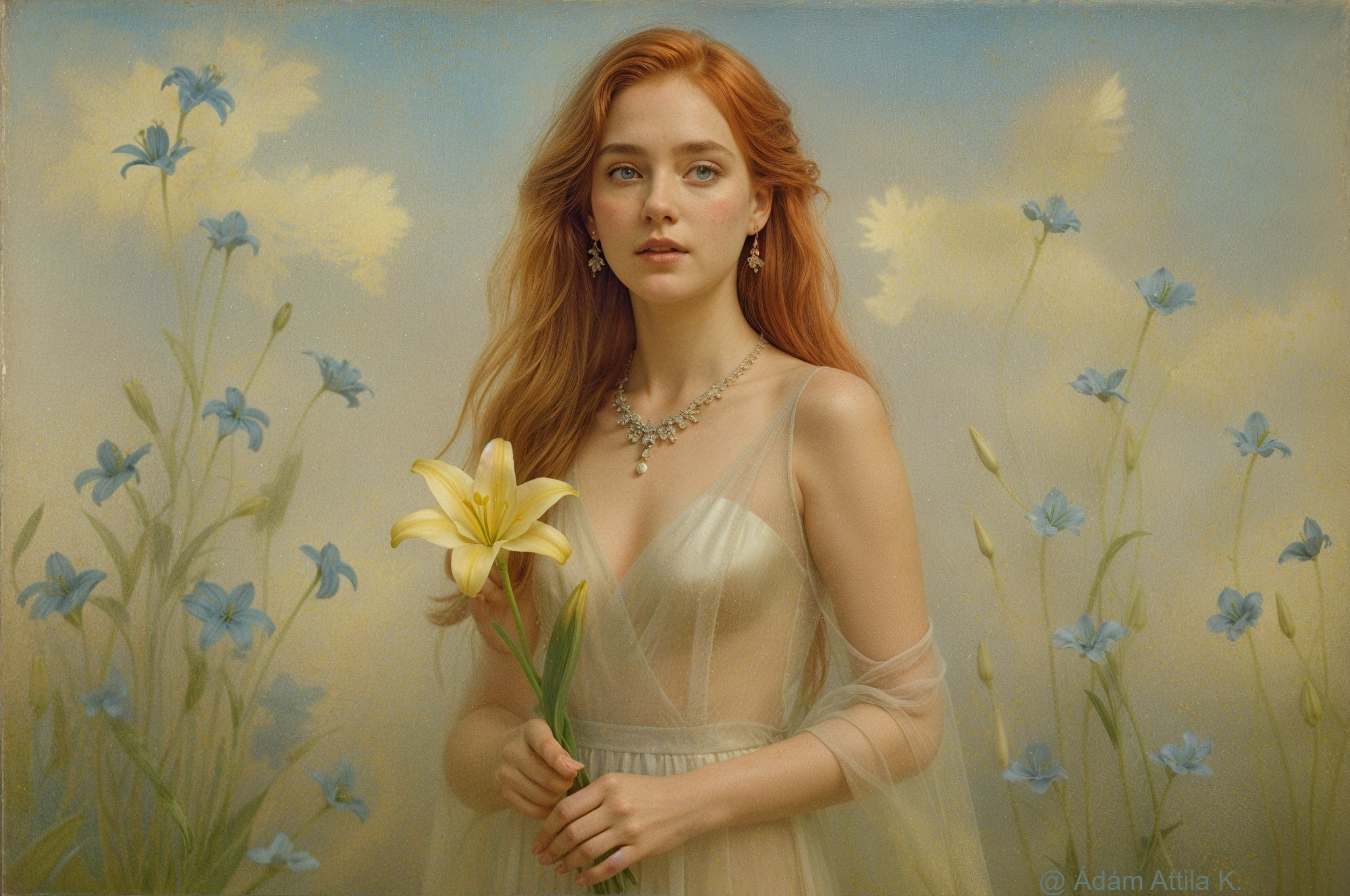 Young woman with red hair holding a yellow lily