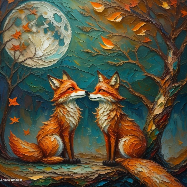 Foxes on a Branch Under a Full Moon with Autumn Leaves