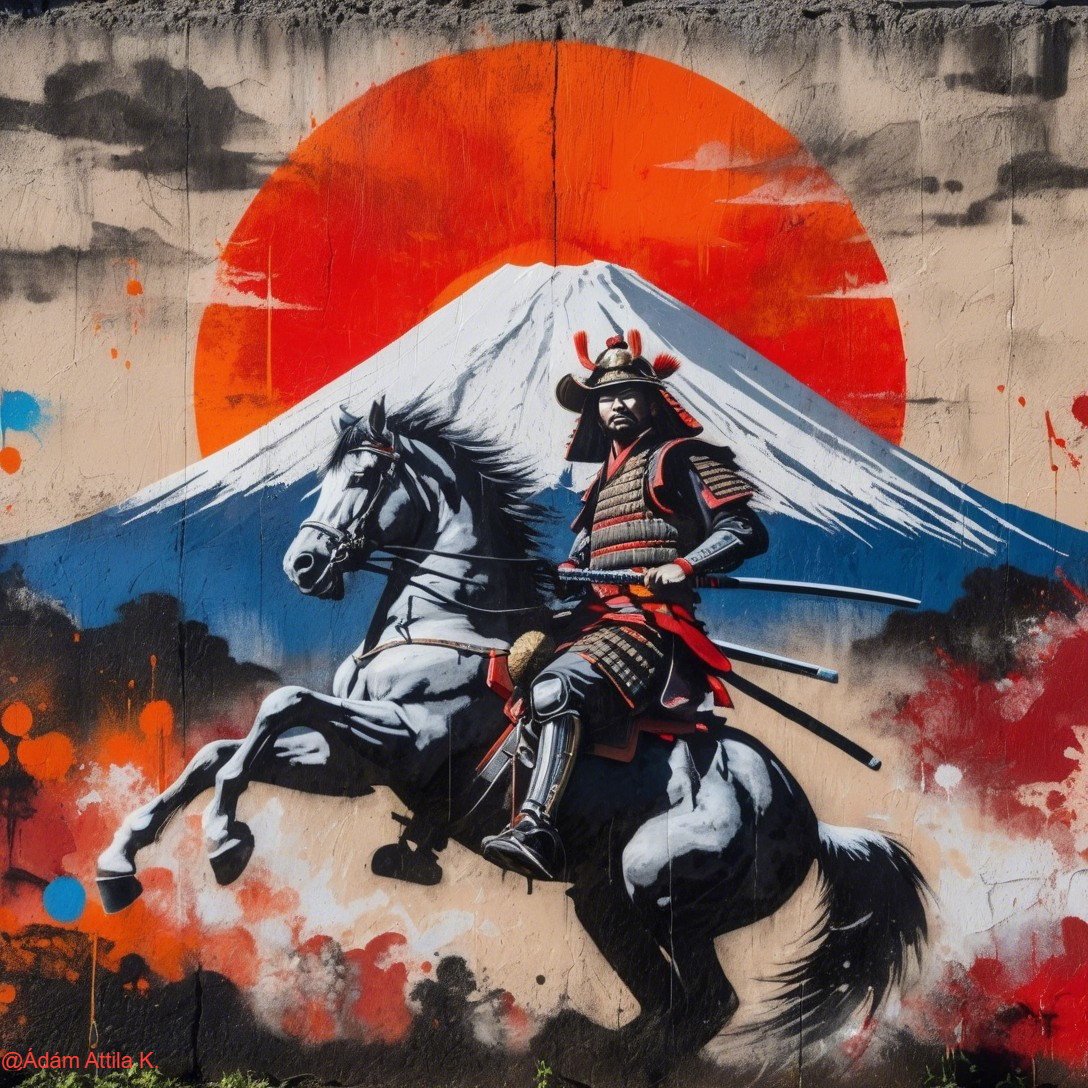 Mural of a Samurai on Horseback with Rising Sun