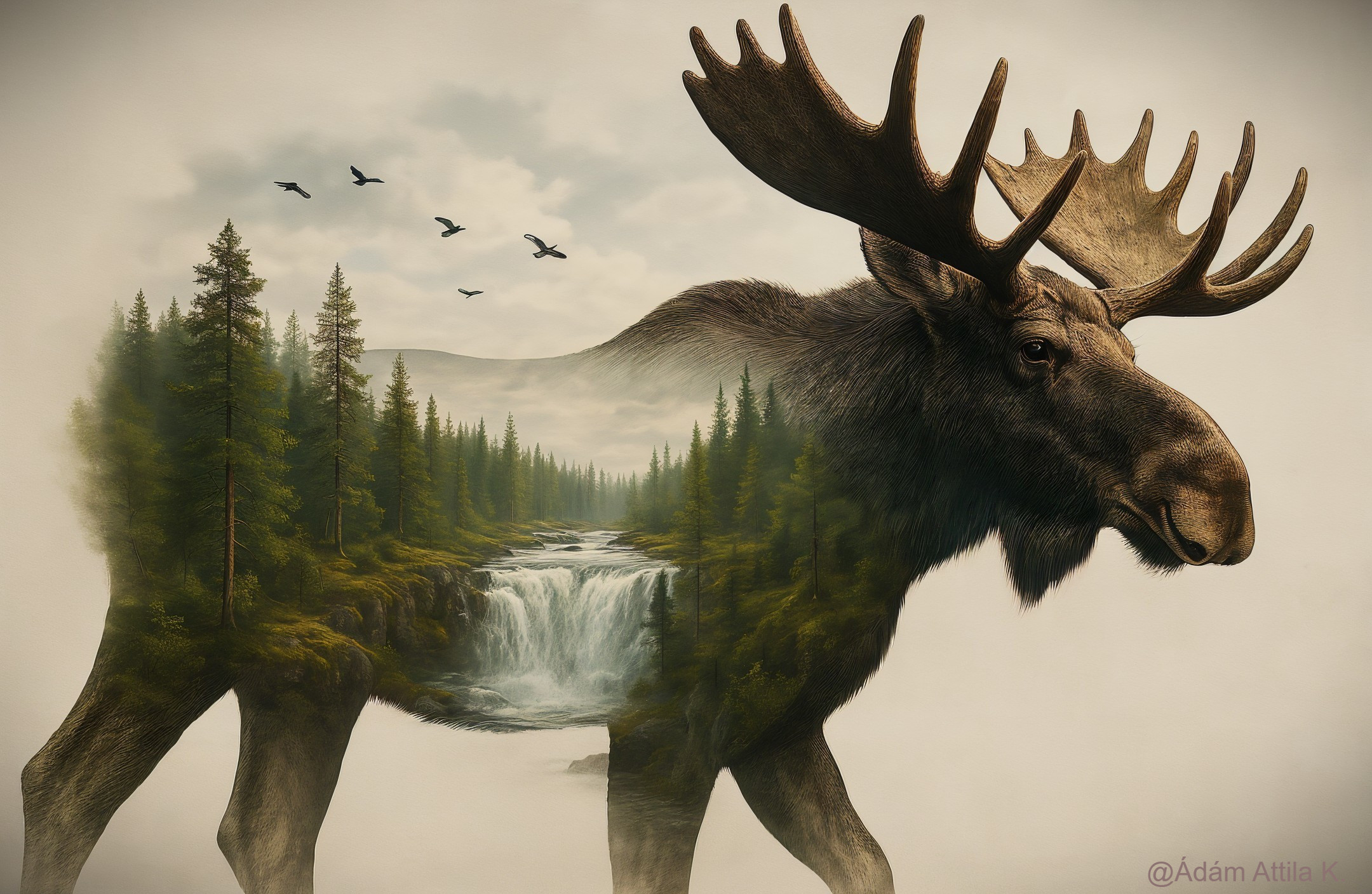 Moose in a Serene Forest with Waterfall and Birds