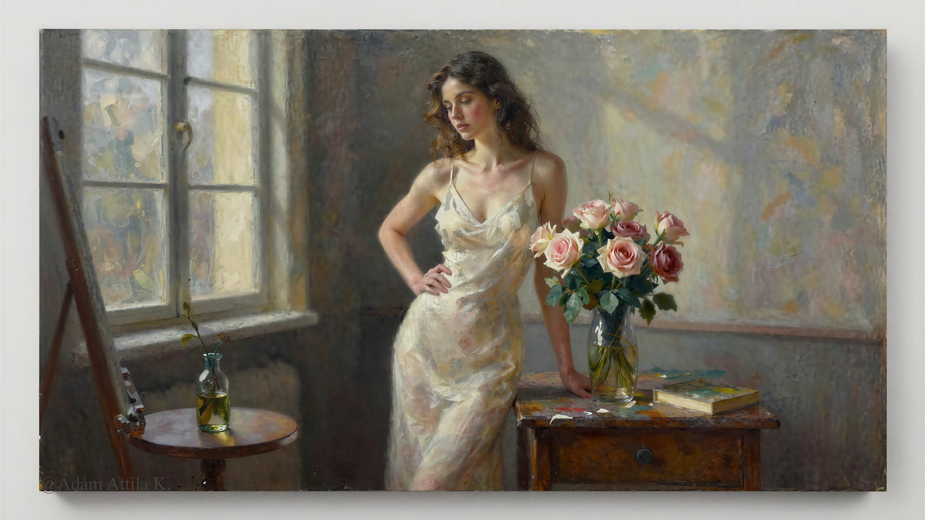 Slender Woman in White Dress by Window with Roses