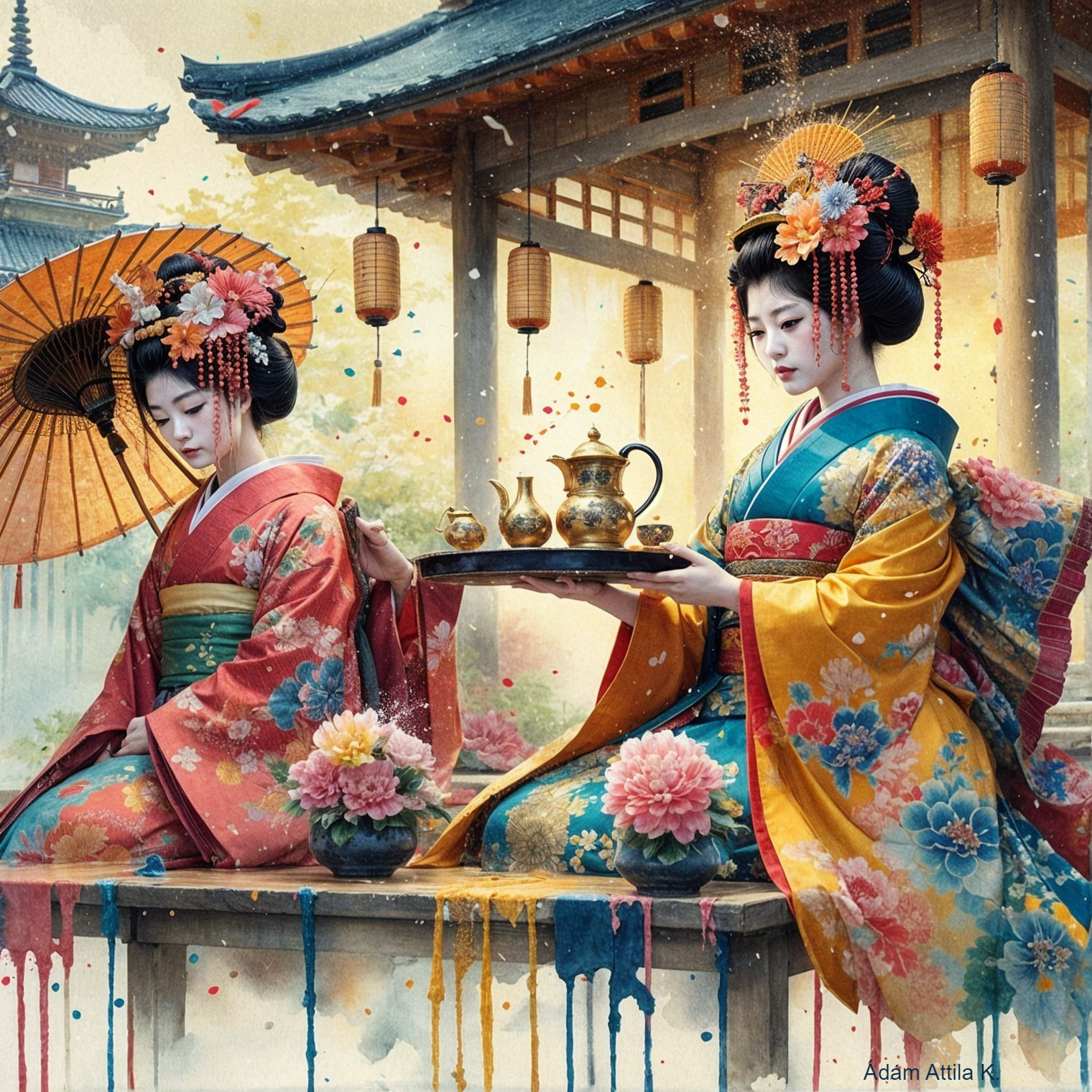 Elegant Women in Kimonos at Japanese Pavilion Scene