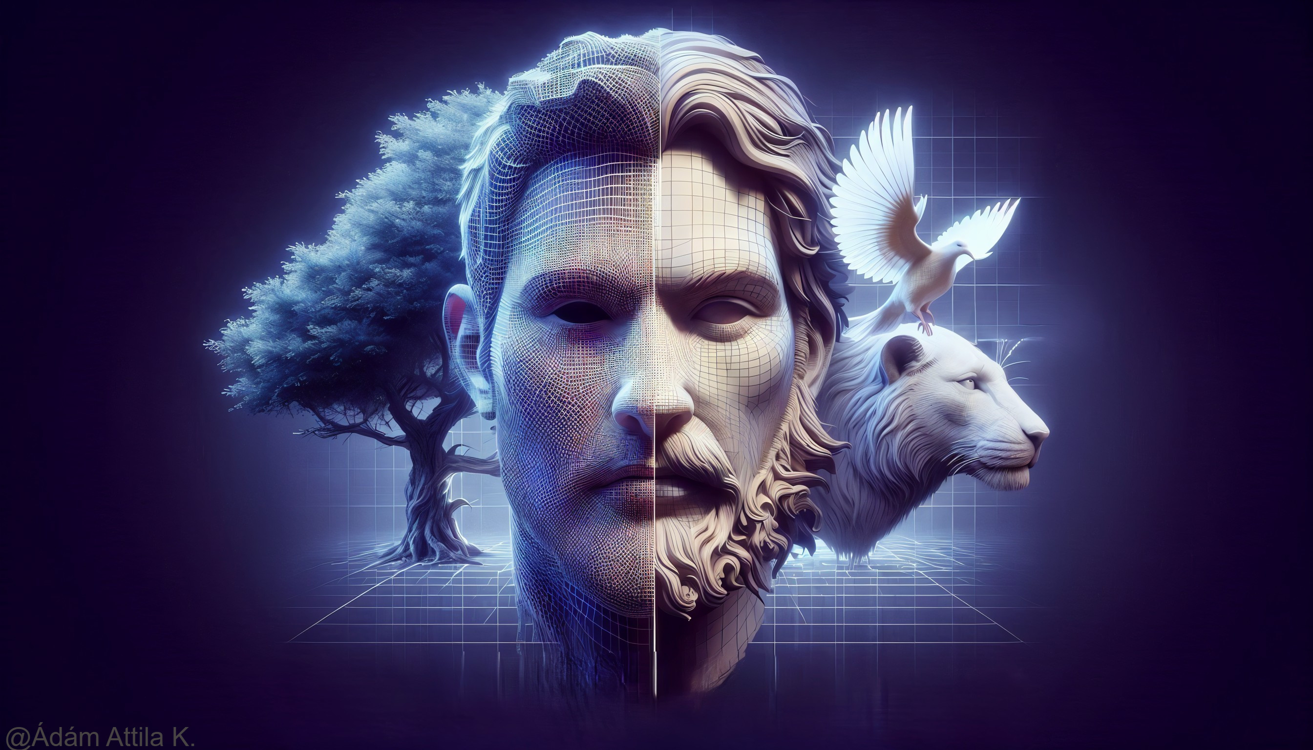 Bust of a man with wireframe and stone features