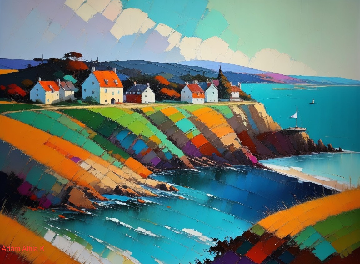 Vibrant Coastal Landscape with Colorful Fields and Village
