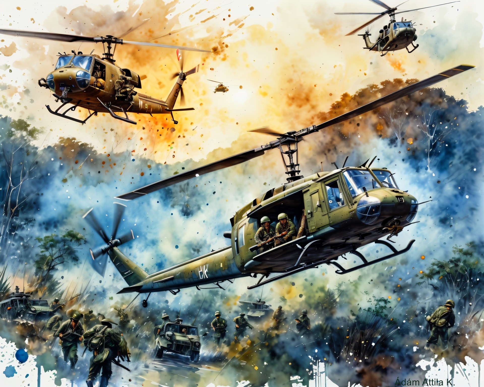 Military helicopters in flight over a chaotic battlefield