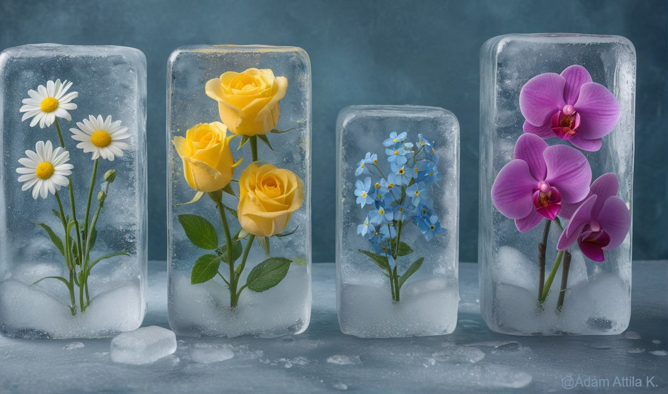 Four Ice Blocks with Different Flower Types