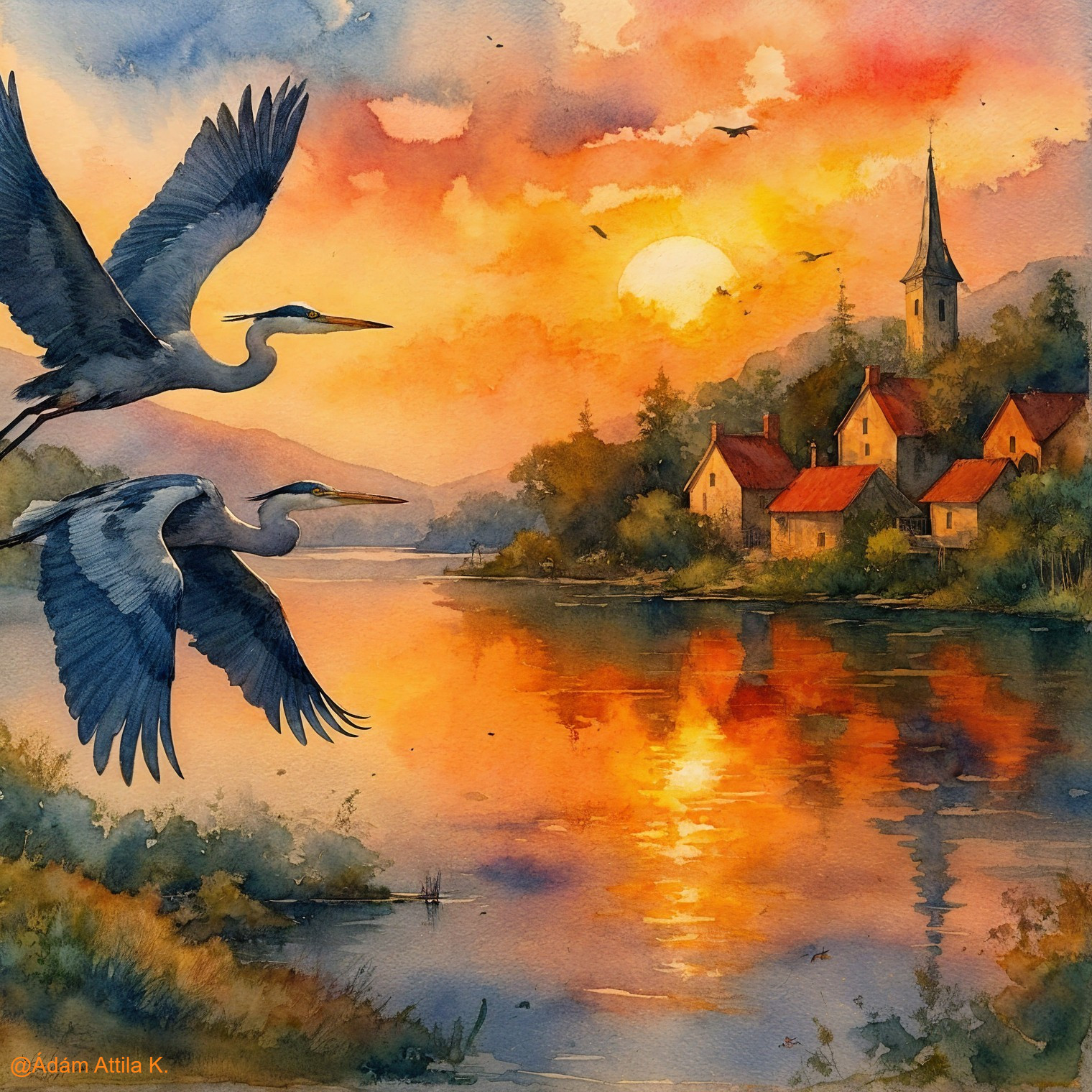 Sunset Over Lake with Herons and Quaint Village