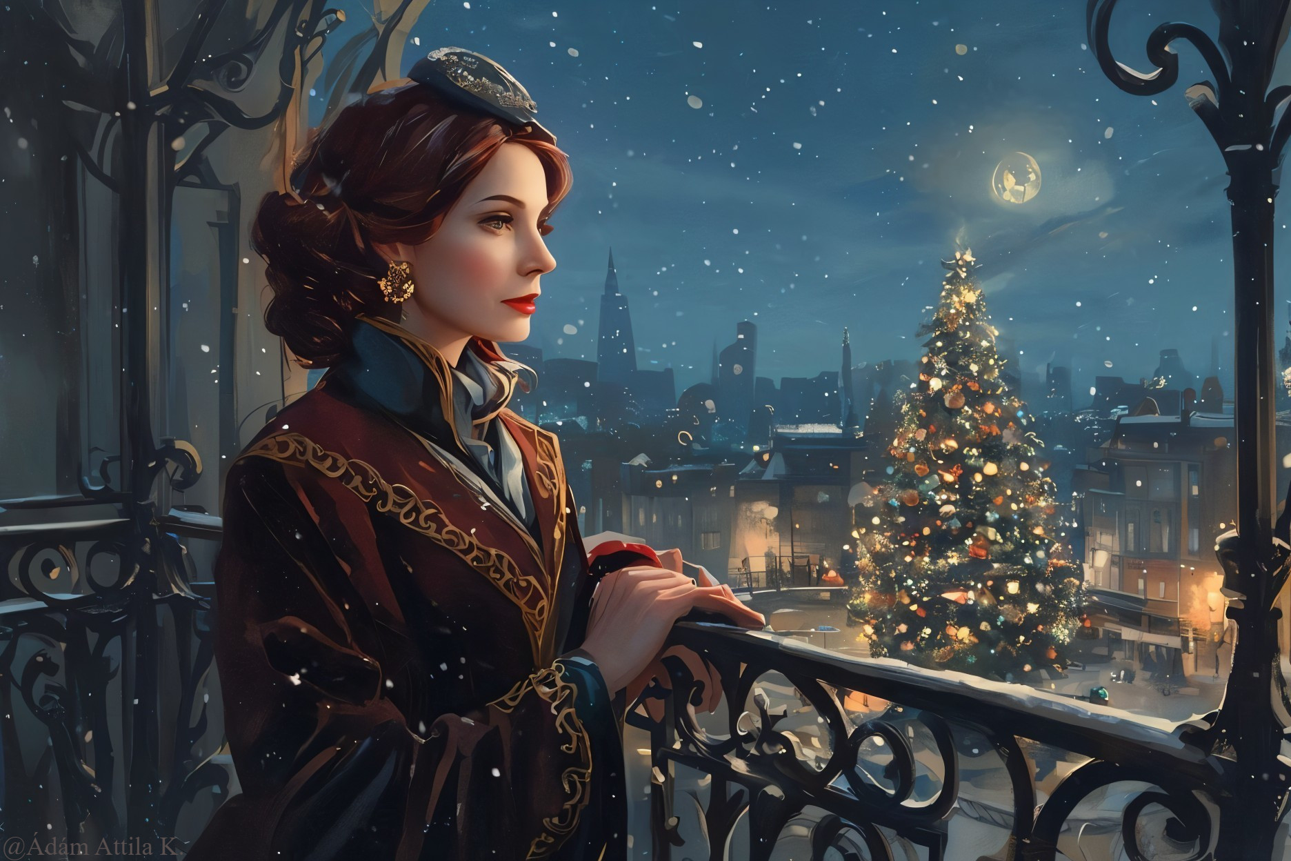 Victorian Woman on Snowy Balcony with Christmas Tree