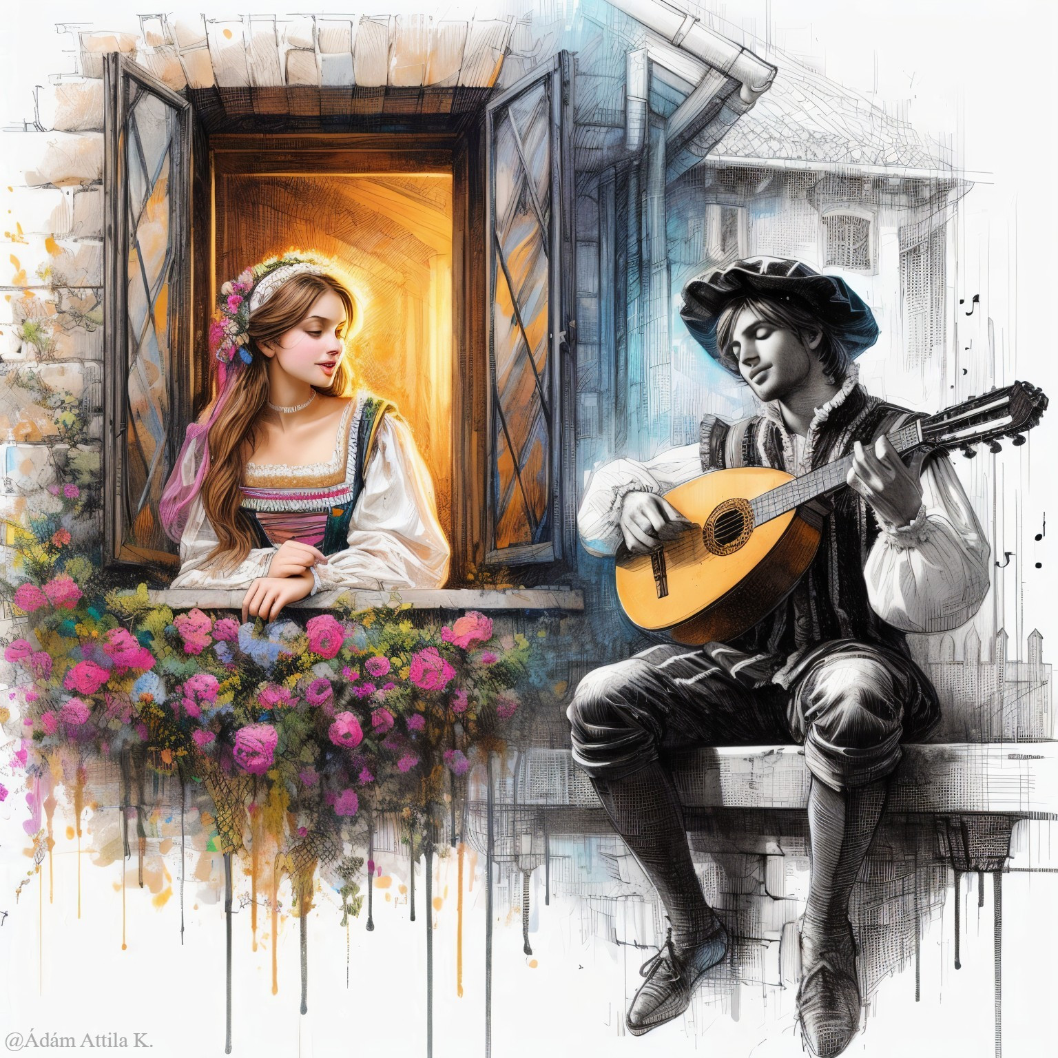 Romantic Scene of a Woman and Lute Player by Window