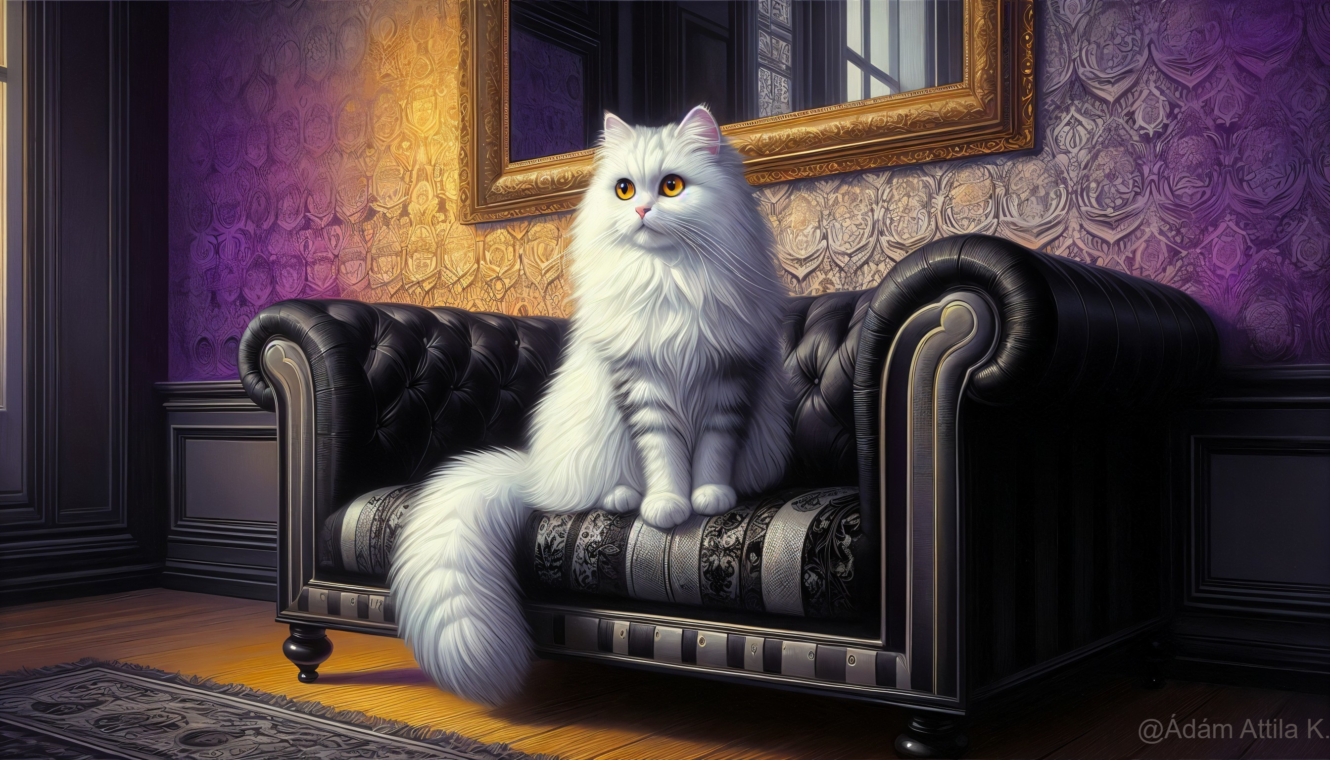 Majestic white cat on ornate black tufted sofa