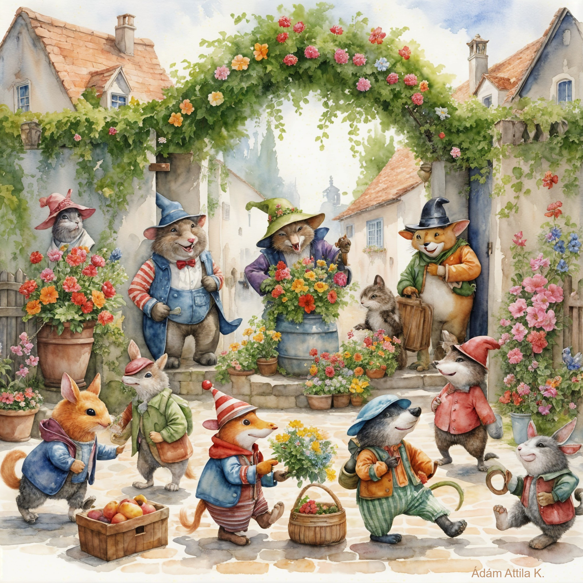 Whimsical Village Square with Anthropomorphic Animals