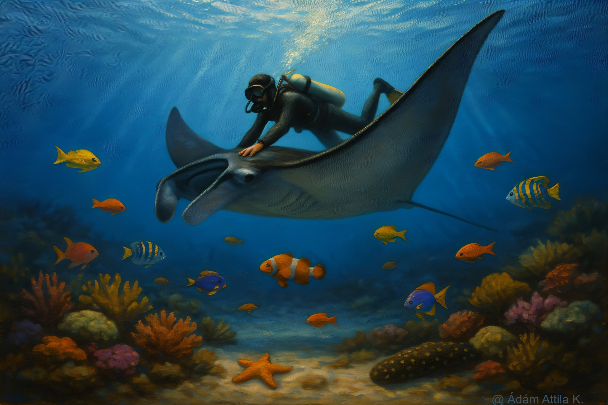 Diver and Manta Ray in Vibrant Underwater Scene