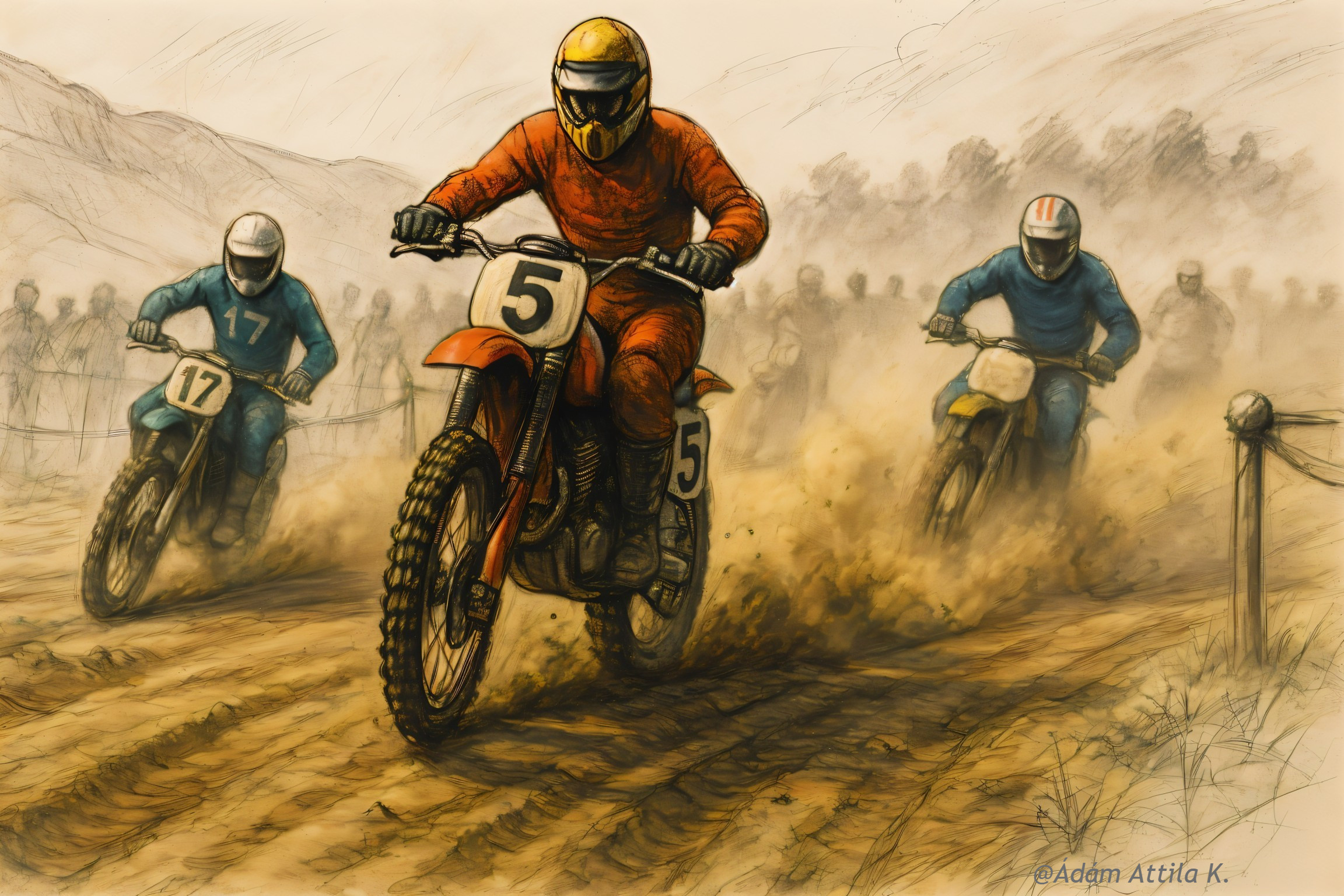 Motocross Riders Compete on Dusty Track with Spectators