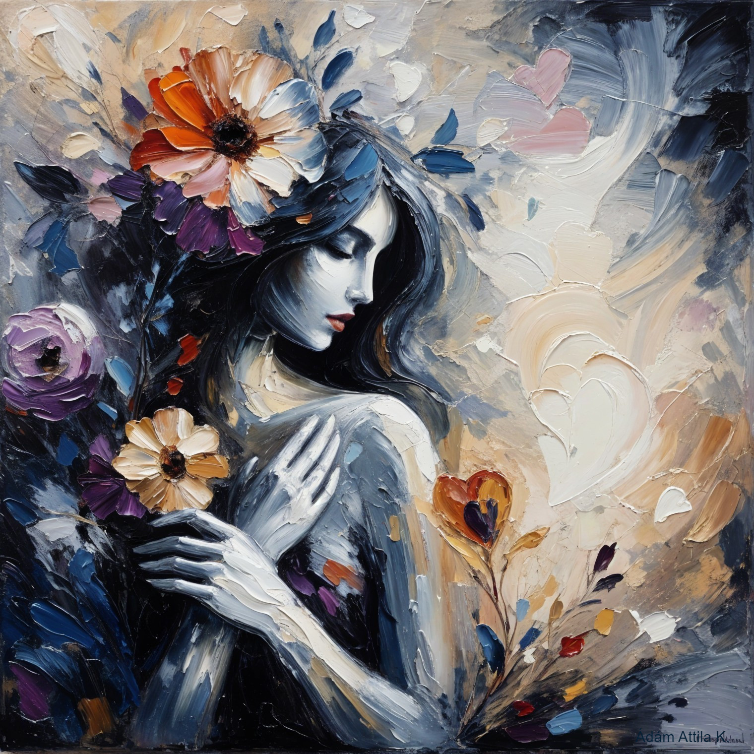 Abstract Painting of a Serene Woman with Flowers