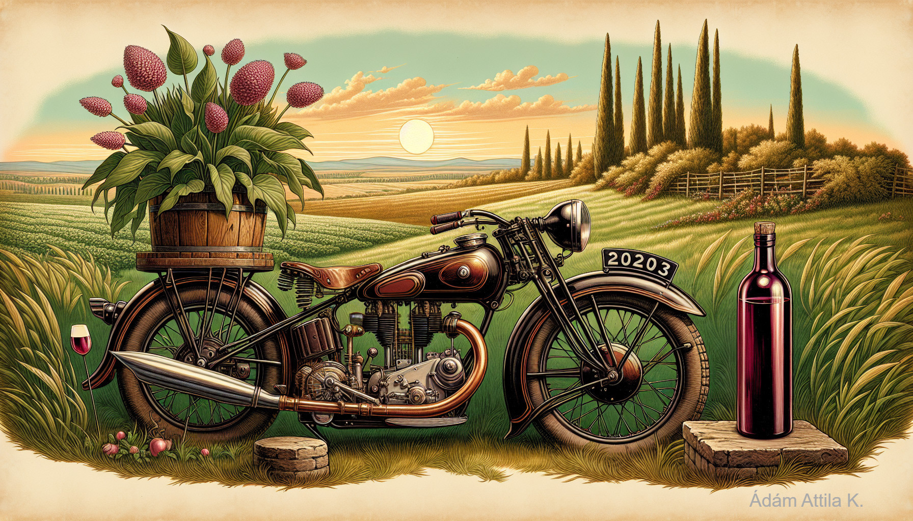 Vintage Motorcycle with Flowers in Scenic Landscape