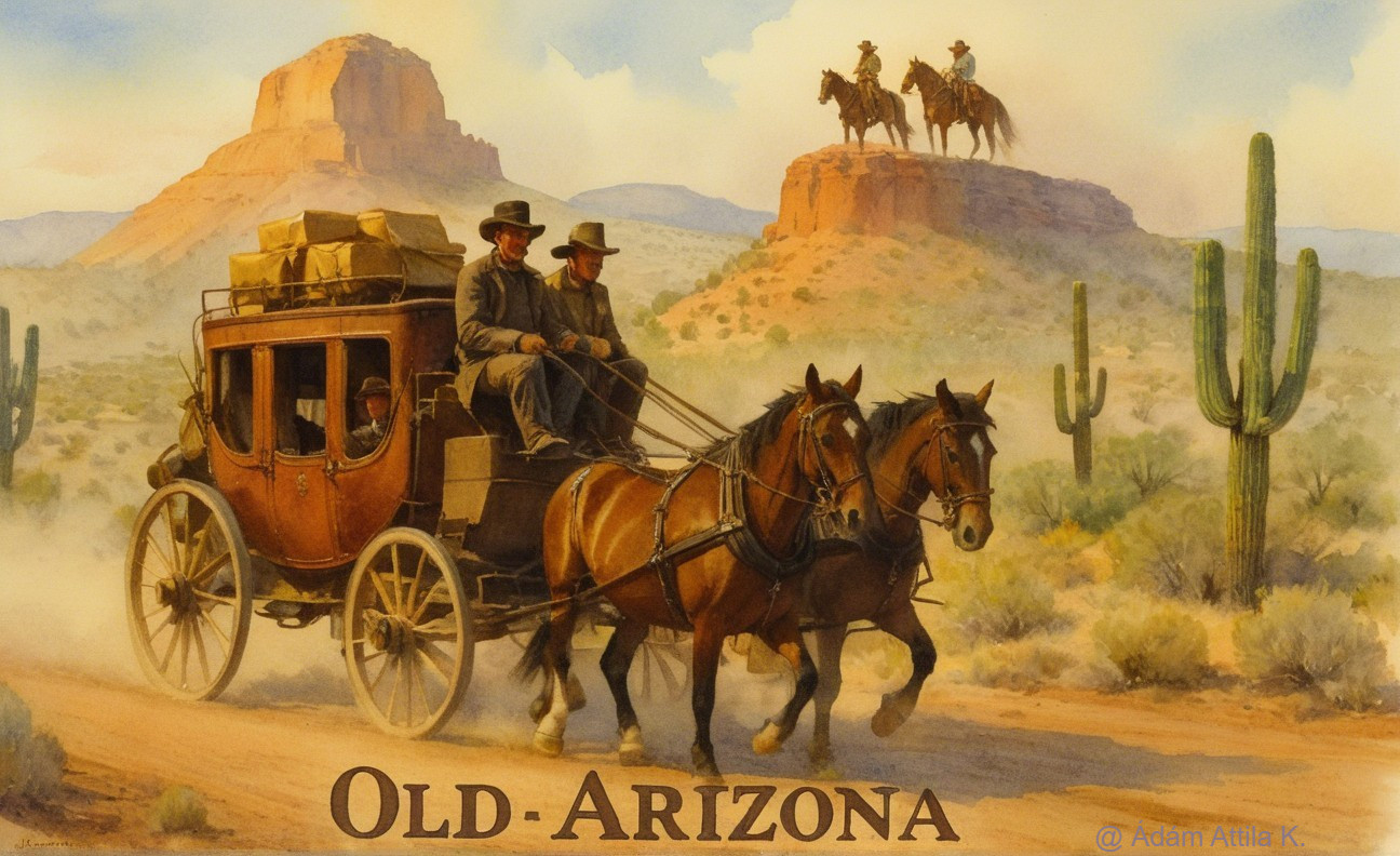 Vintage stagecoach and horses in Old Arizona desert