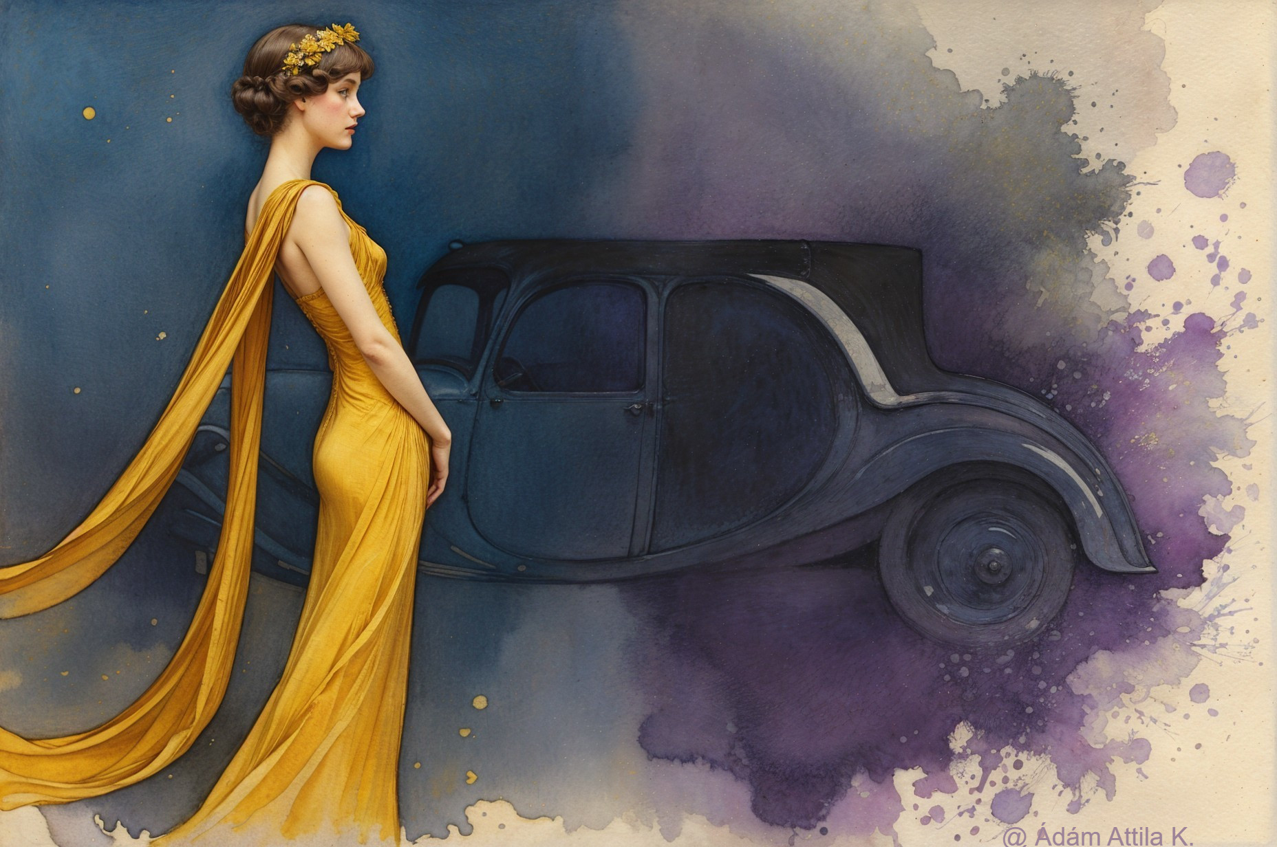 Elegant Woman in Yellow Gown by Vintage Car
